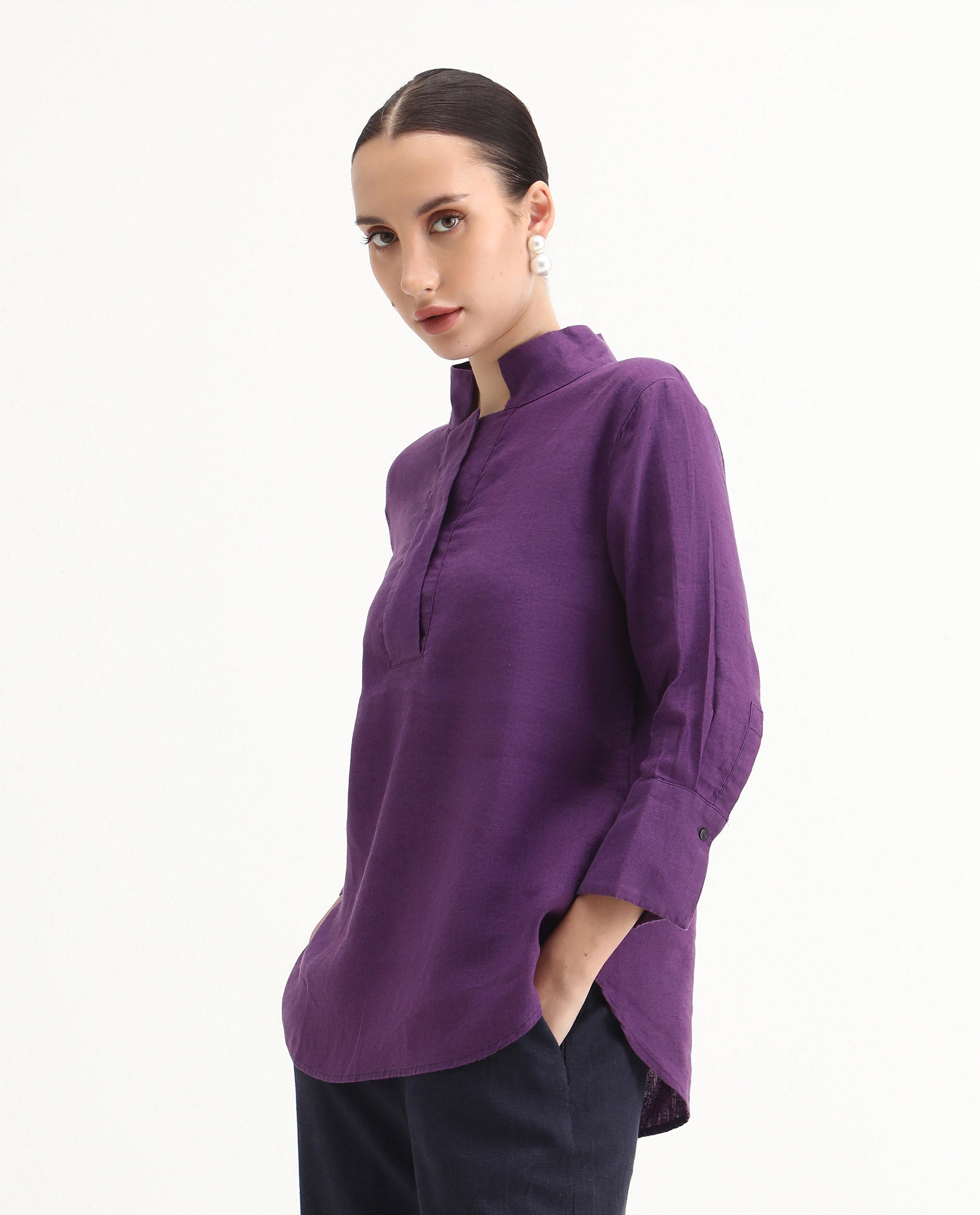 Rareism Women's Laos Purple Cotton Blend V-Neck Plain Regular Fit Top