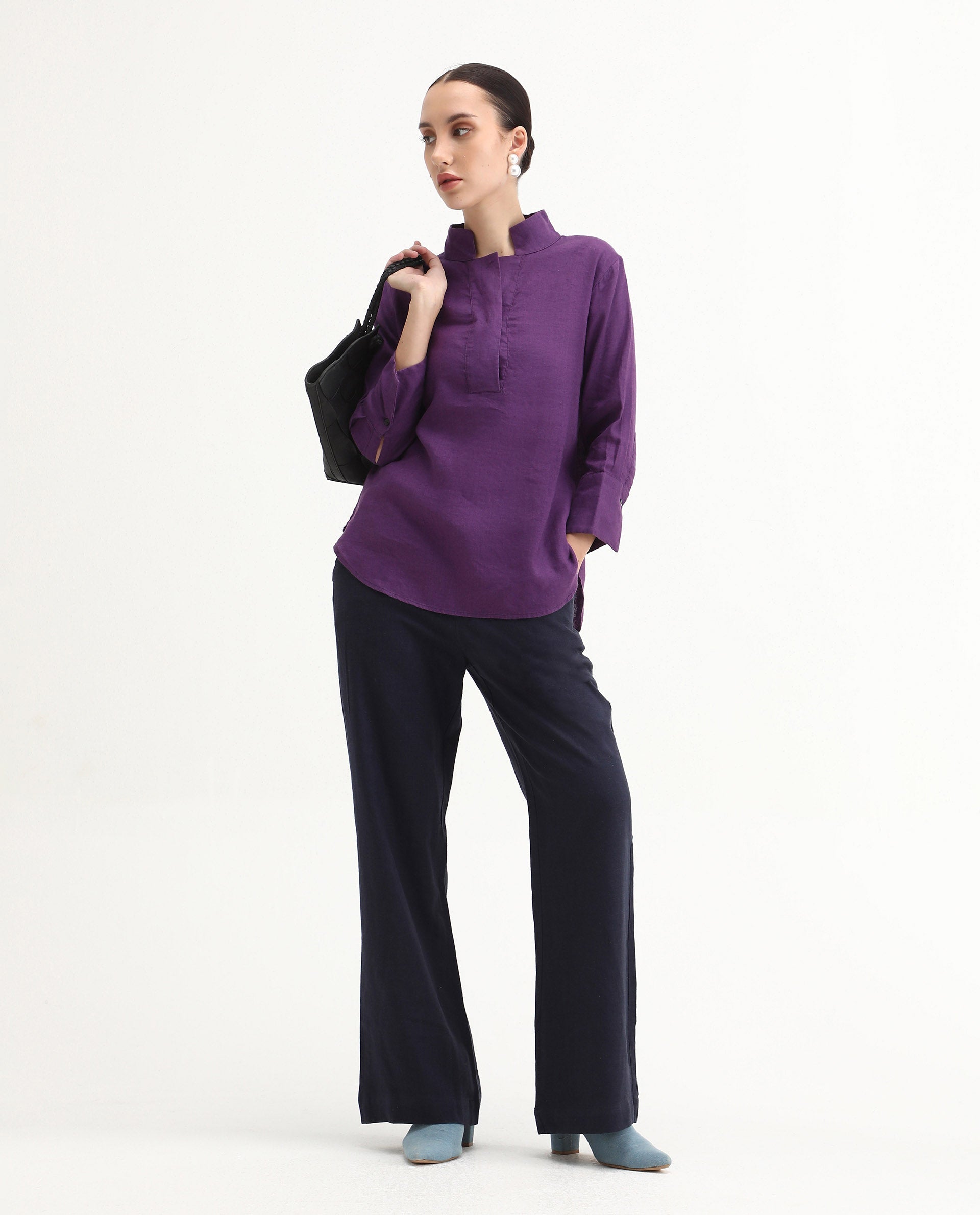 Rareism Women's Laos Purple Cotton Blend V-Neck Plain Regular Fit Top