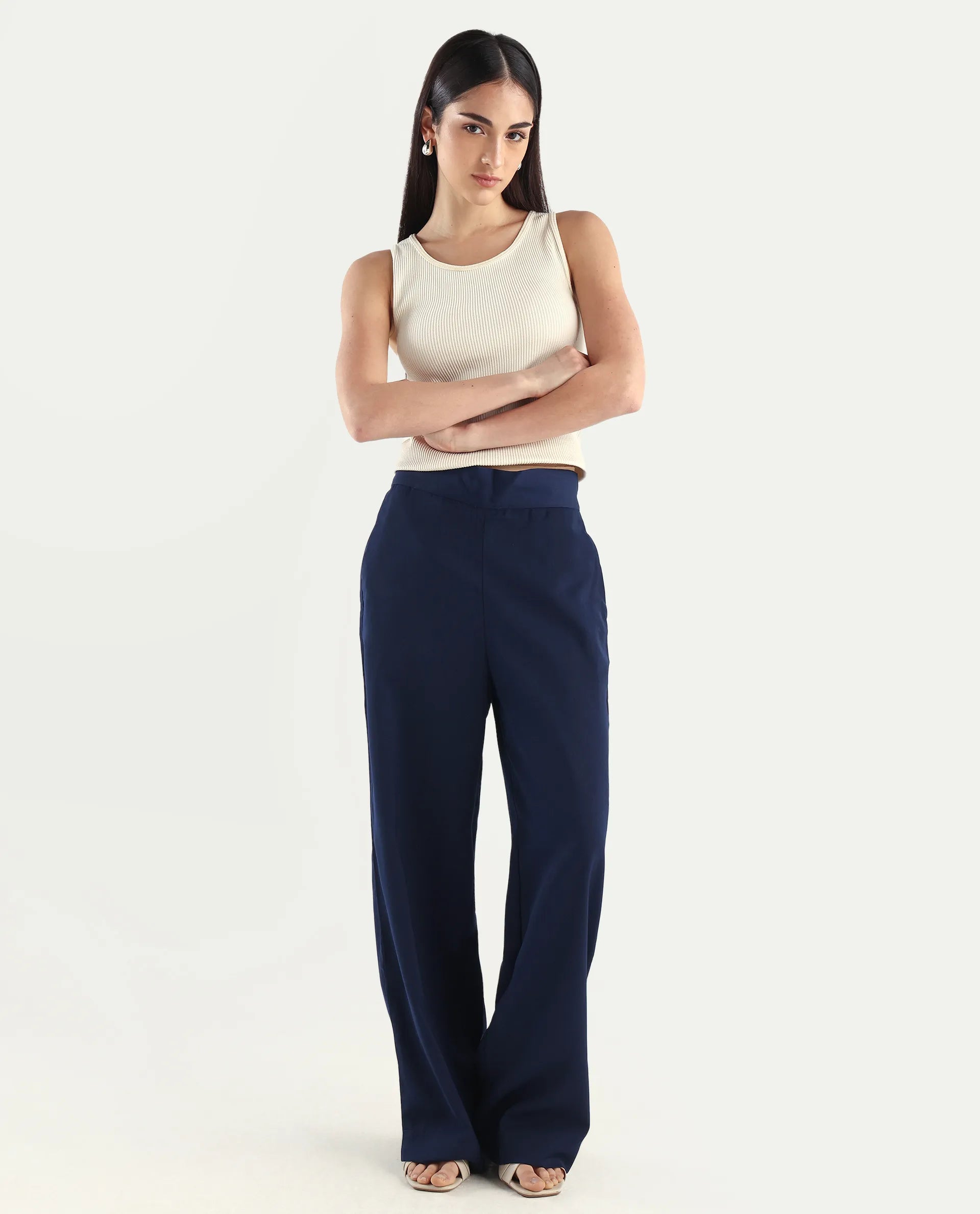 Rareism Women's Leville-B Dark Blue Polyester Blend Plain Straight Fit Trouser