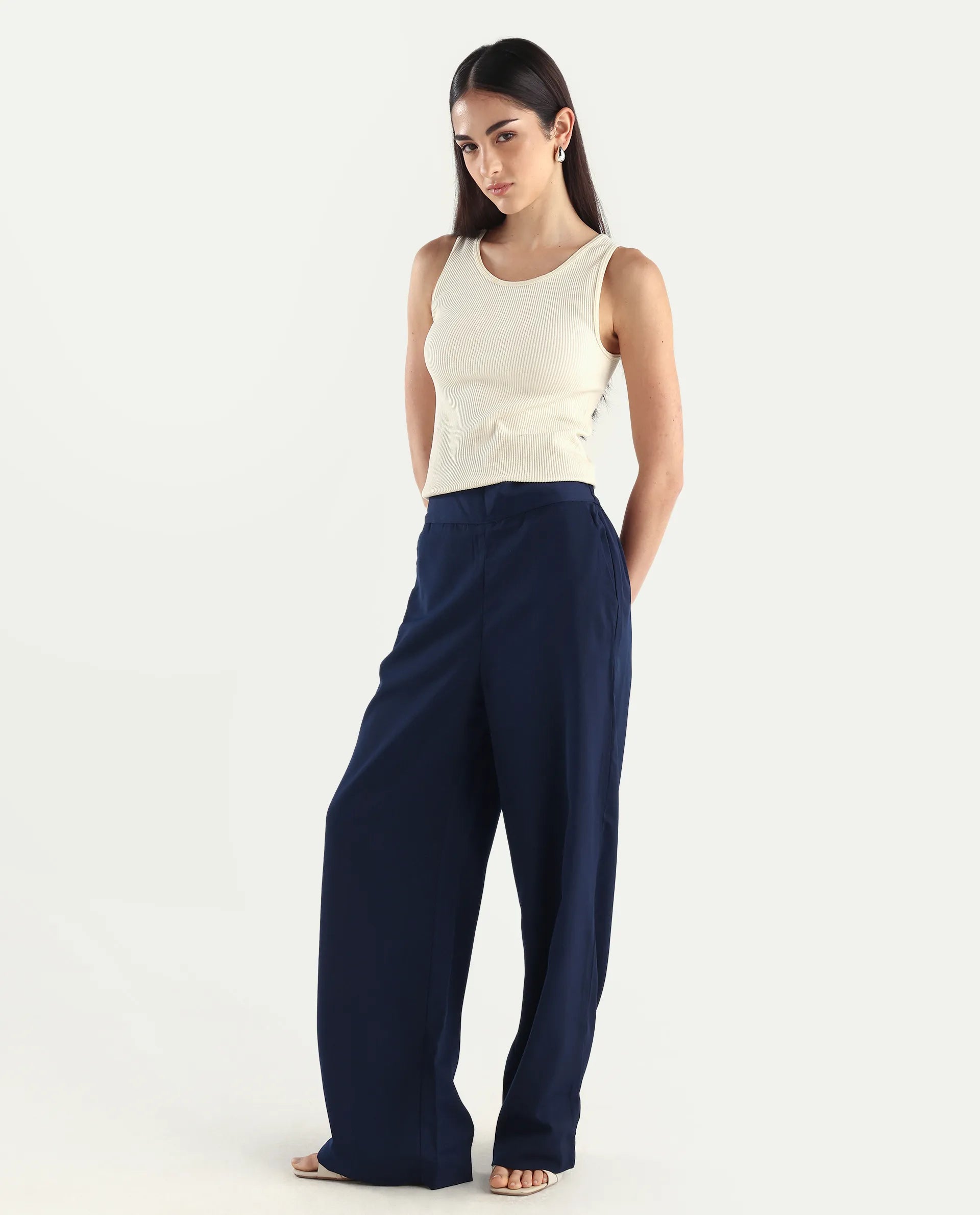 Rareism Women's Leville-B Dark Blue Polyester Blend Plain Straight Fit Trouser