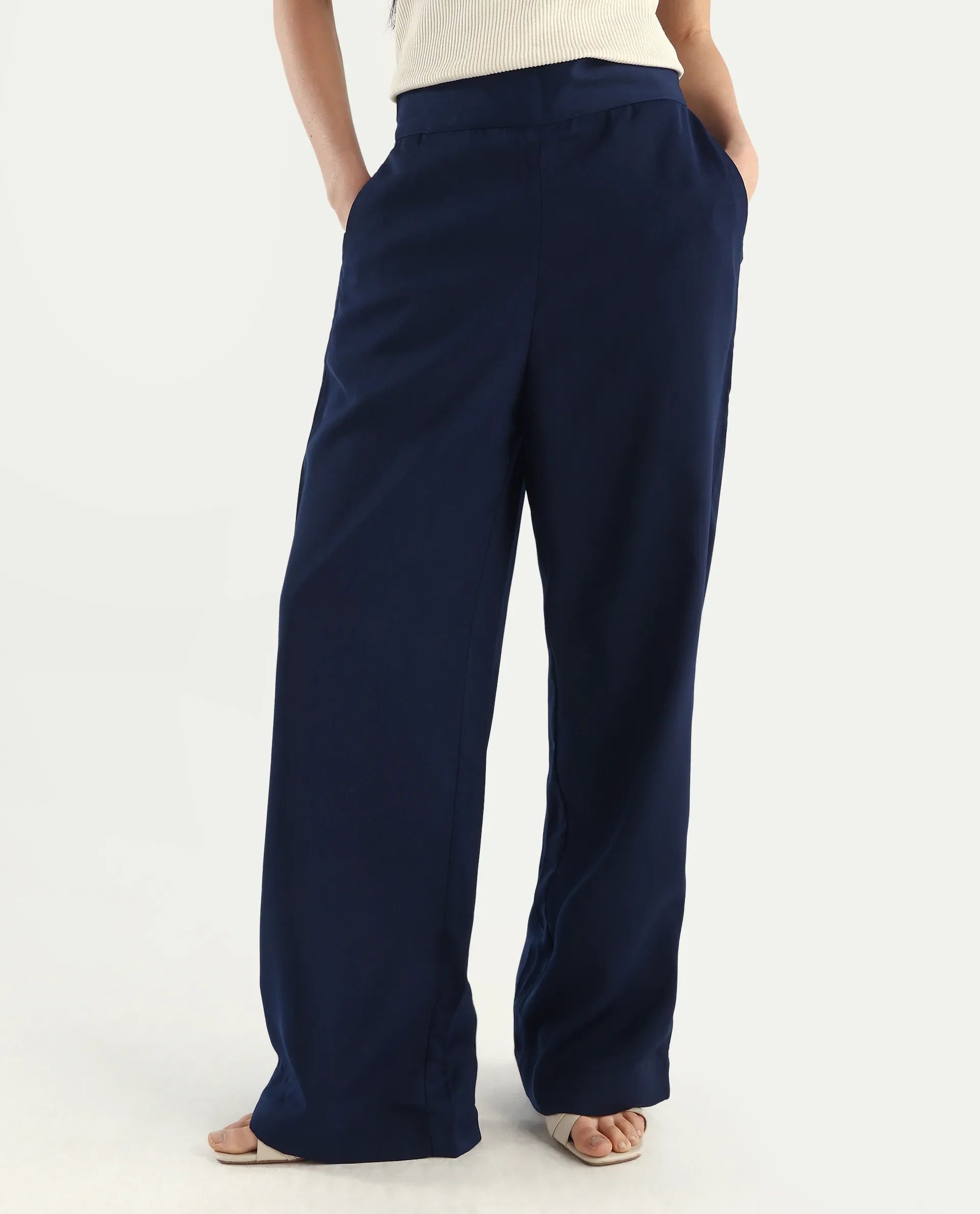 Rareism Women's Leville-B Dark Blue Polyester Blend Plain Straight Fit Trouser