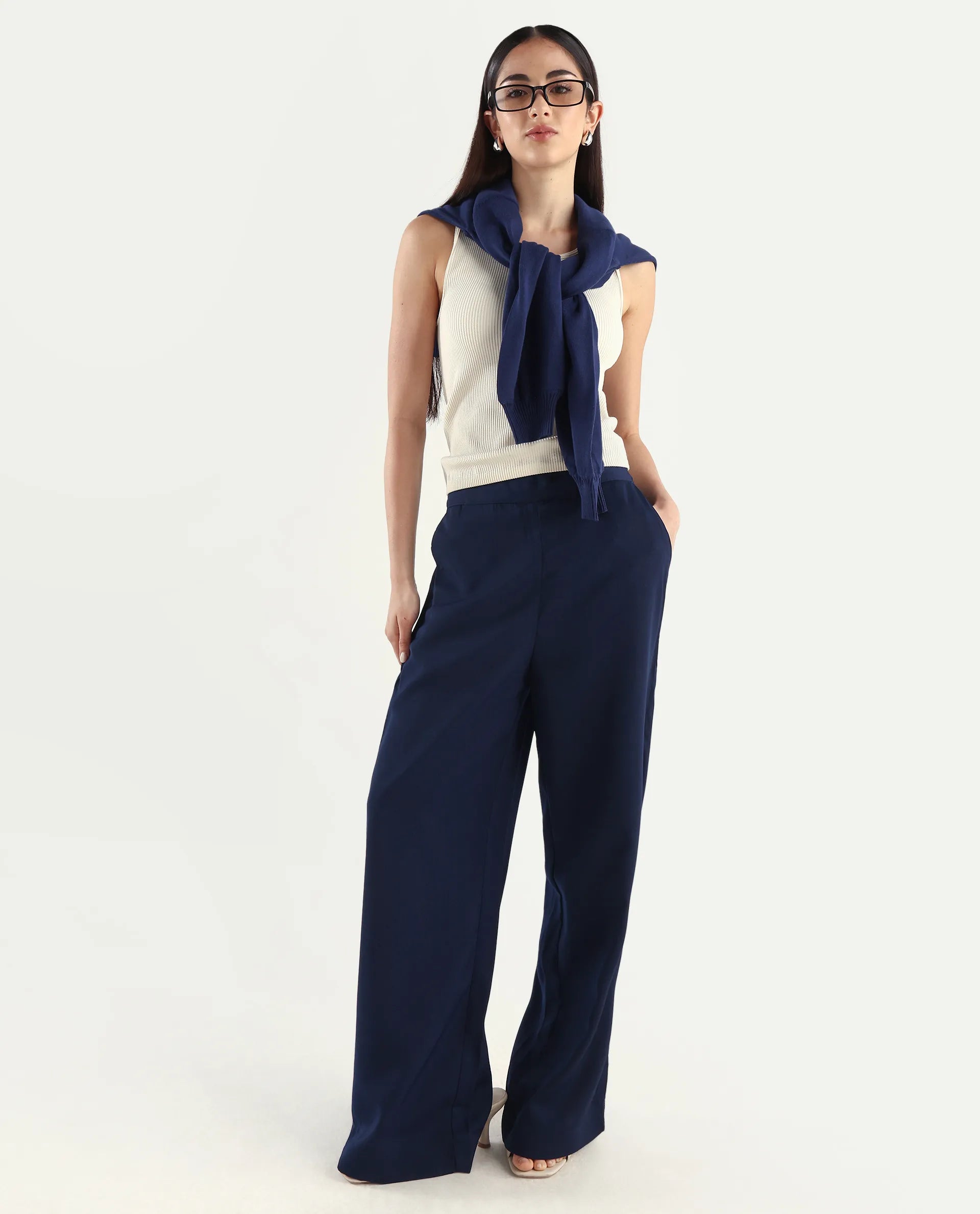 Rareism Women's Leville-B Dark Blue Polyester Blend Plain Straight Fit Trouser