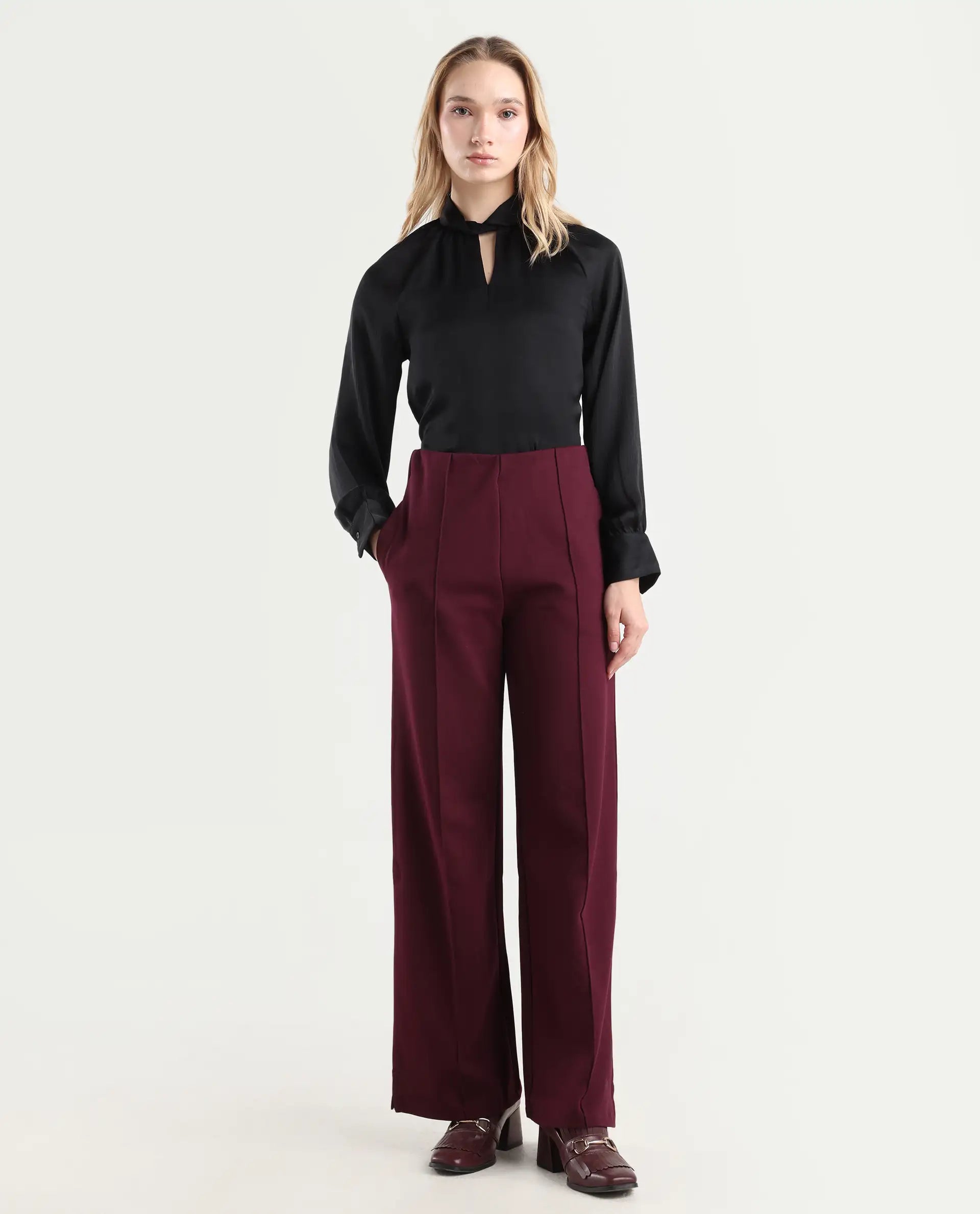Rareism Women's Lex Dark Maroon Cotton Blend Straight Fit Track Pant