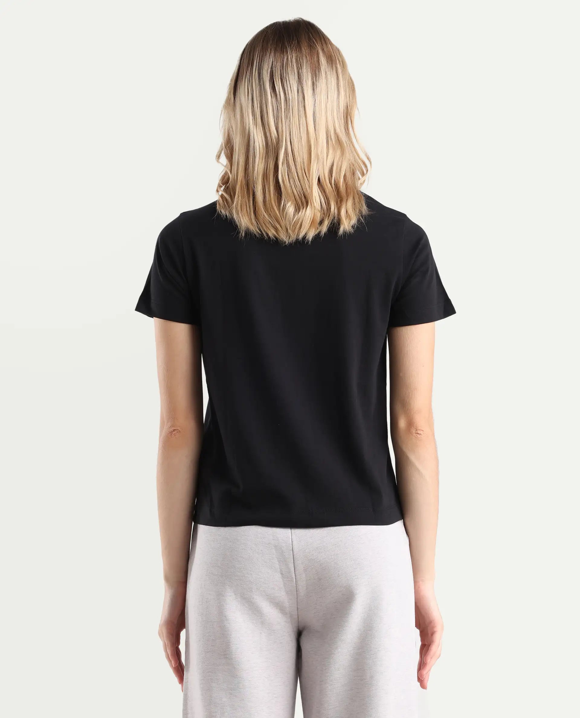 Rareism Women's Leyk Black Cotton Fabric Crew Neck Relaxed Fit Graphic Print T-Shirt