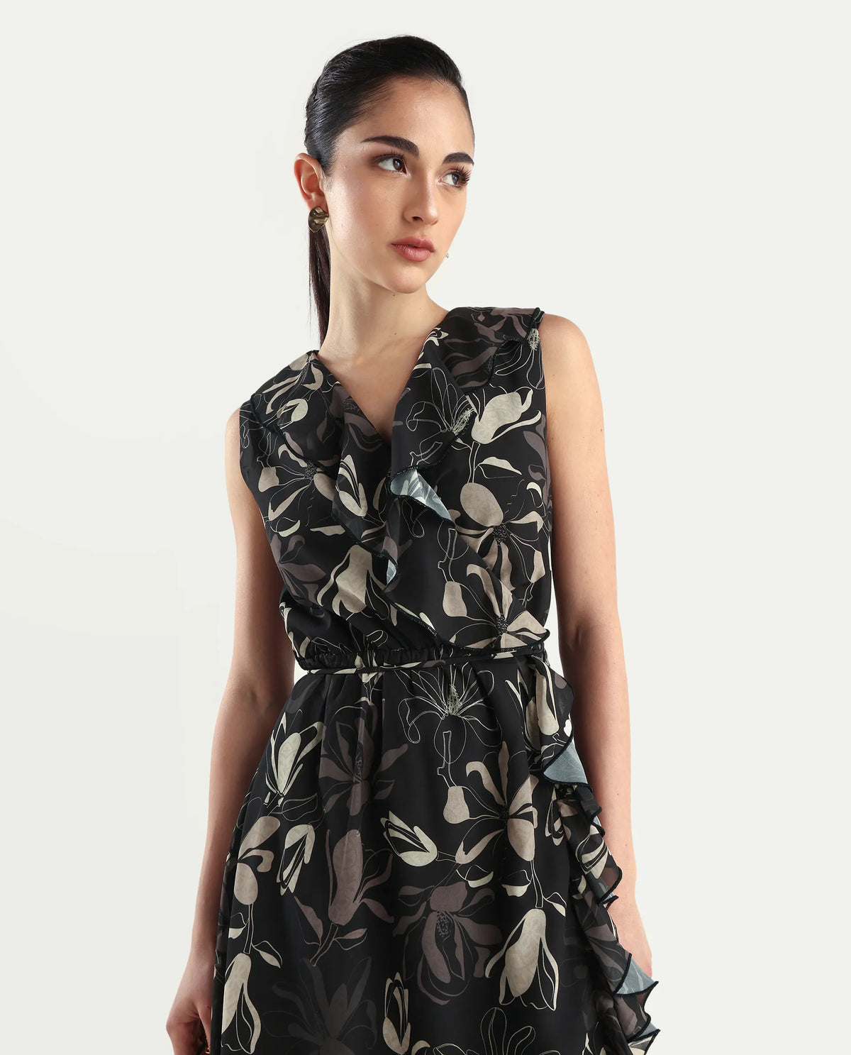 Rareism Women's Licia Black Cotton Blend Overlap Neck Floral Print Sleeveless Maxi A-Line Dress