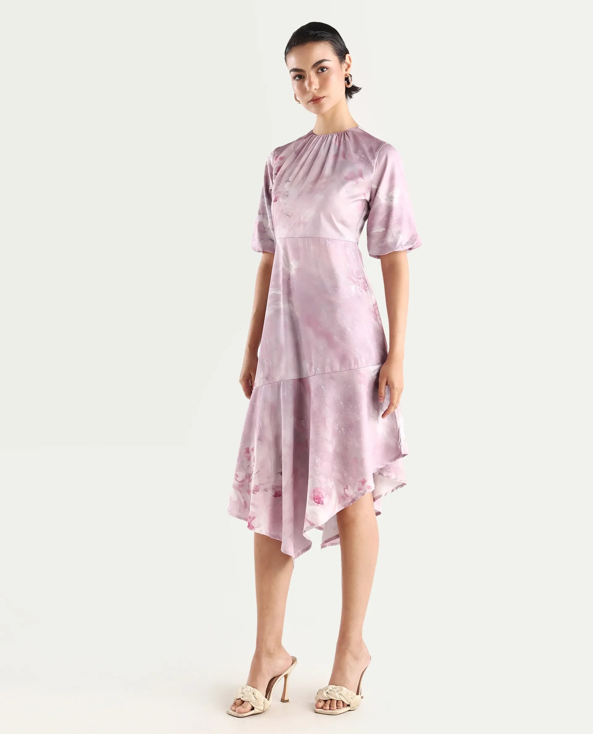 Rareism Women's Limoges Dusky Pink Satin Round Neck Floral Print Balloon Sleeve Midi Fit And Flare Dress