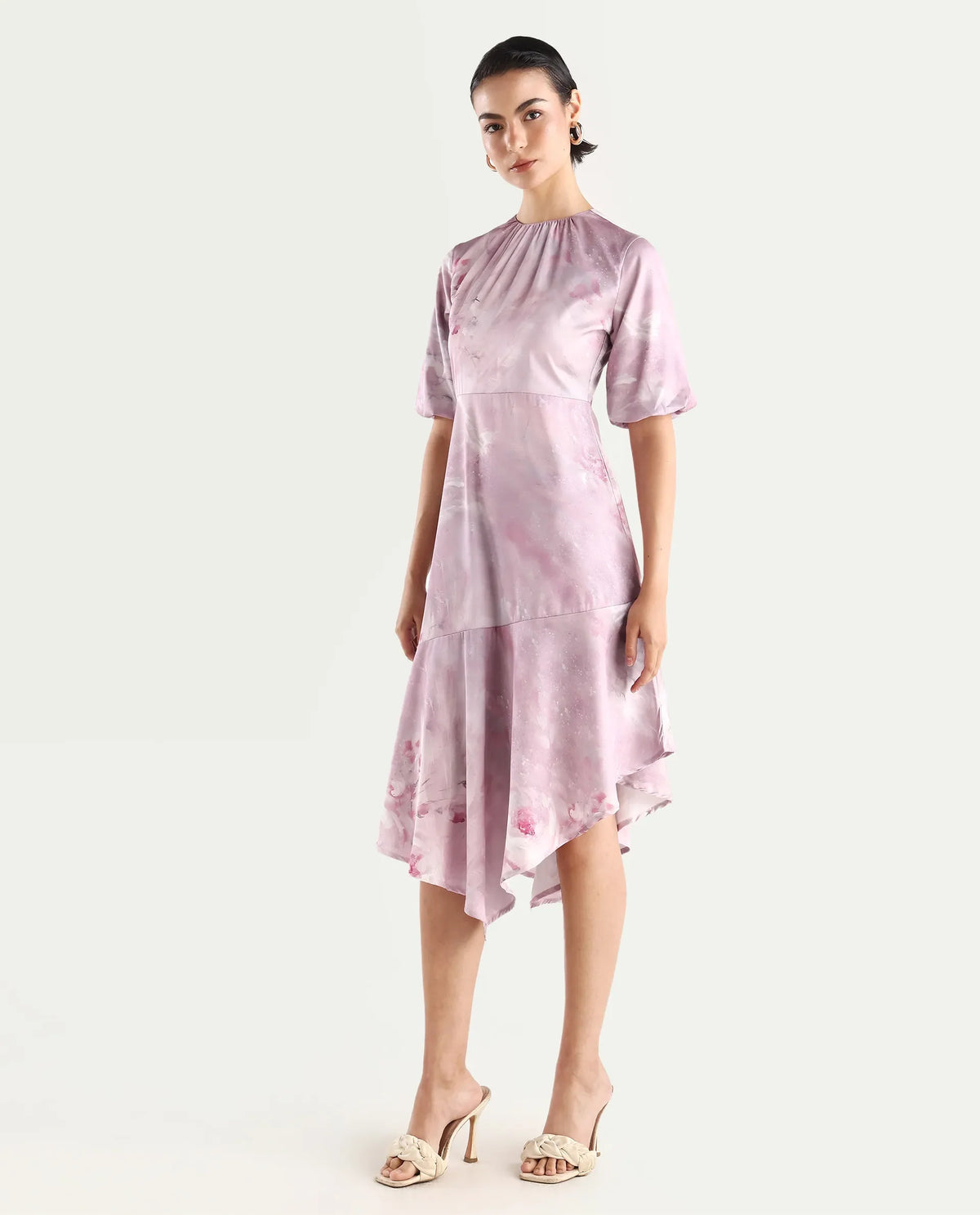Rareism Women's Limoges Dusky Pink Satin Round Neck Floral Print Balloon Sleeve Midi Fit And Flare Dress