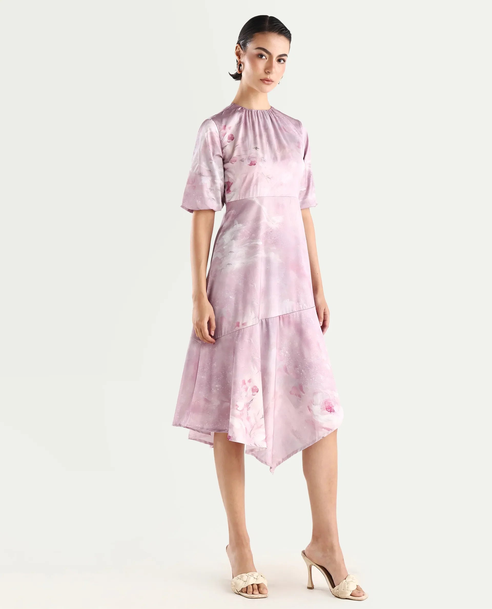 Rareism Women's Limoges Dusky Pink Satin Round Neck Floral Print Balloon Sleeve Midi Fit And Flare Dress