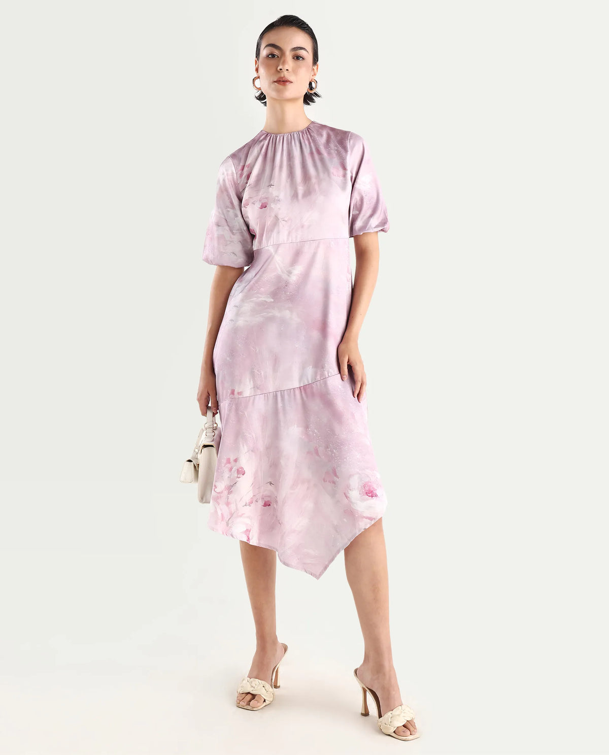 Rareism Women's Limoges Dusky Pink Satin Round Neck Floral Print Balloon Sleeve Midi Fit And Flare Dress