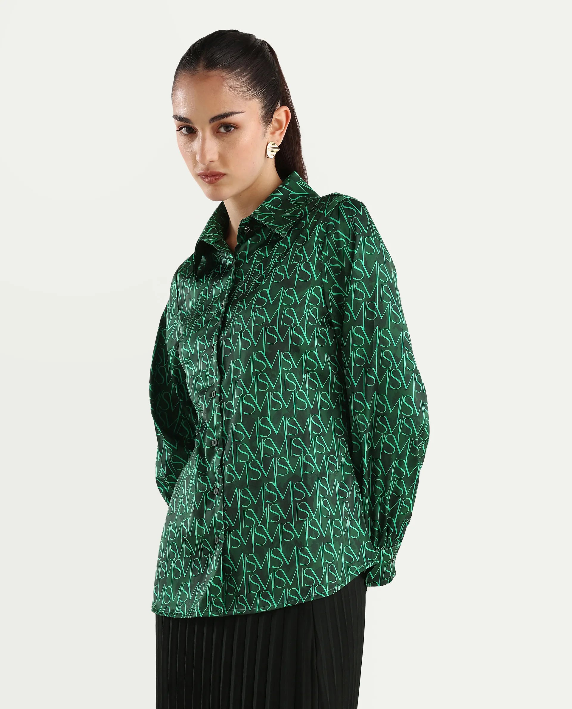 Rareism Women's Lindsay Dark Green Polyester Drop Collar Monogram Print Cuffed Sleeve Regular Fit Top