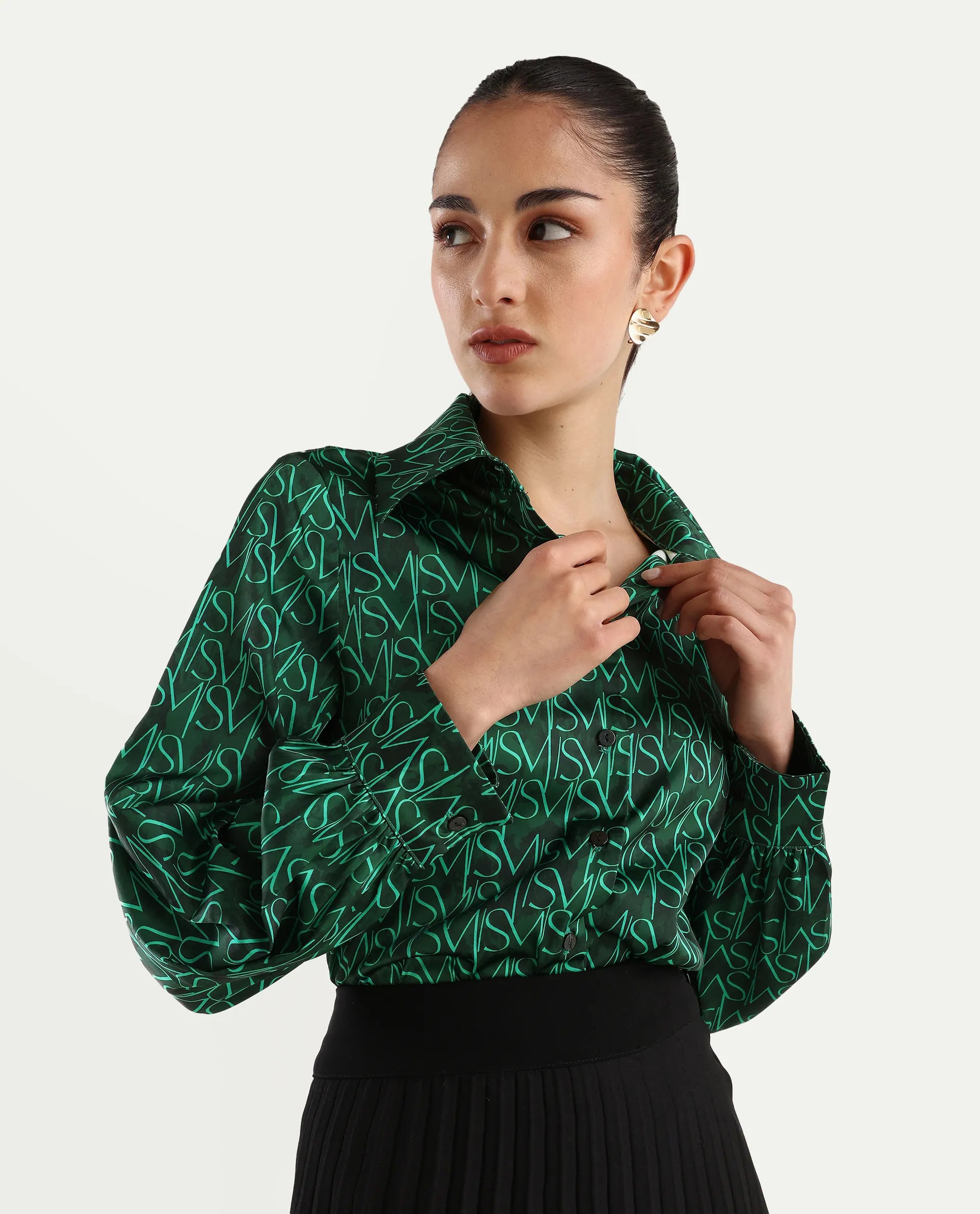 Rareism Women's Lindsay Dark Green Polyester Drop Collar Monogram Print Cuffed Sleeve Regular Fit Top