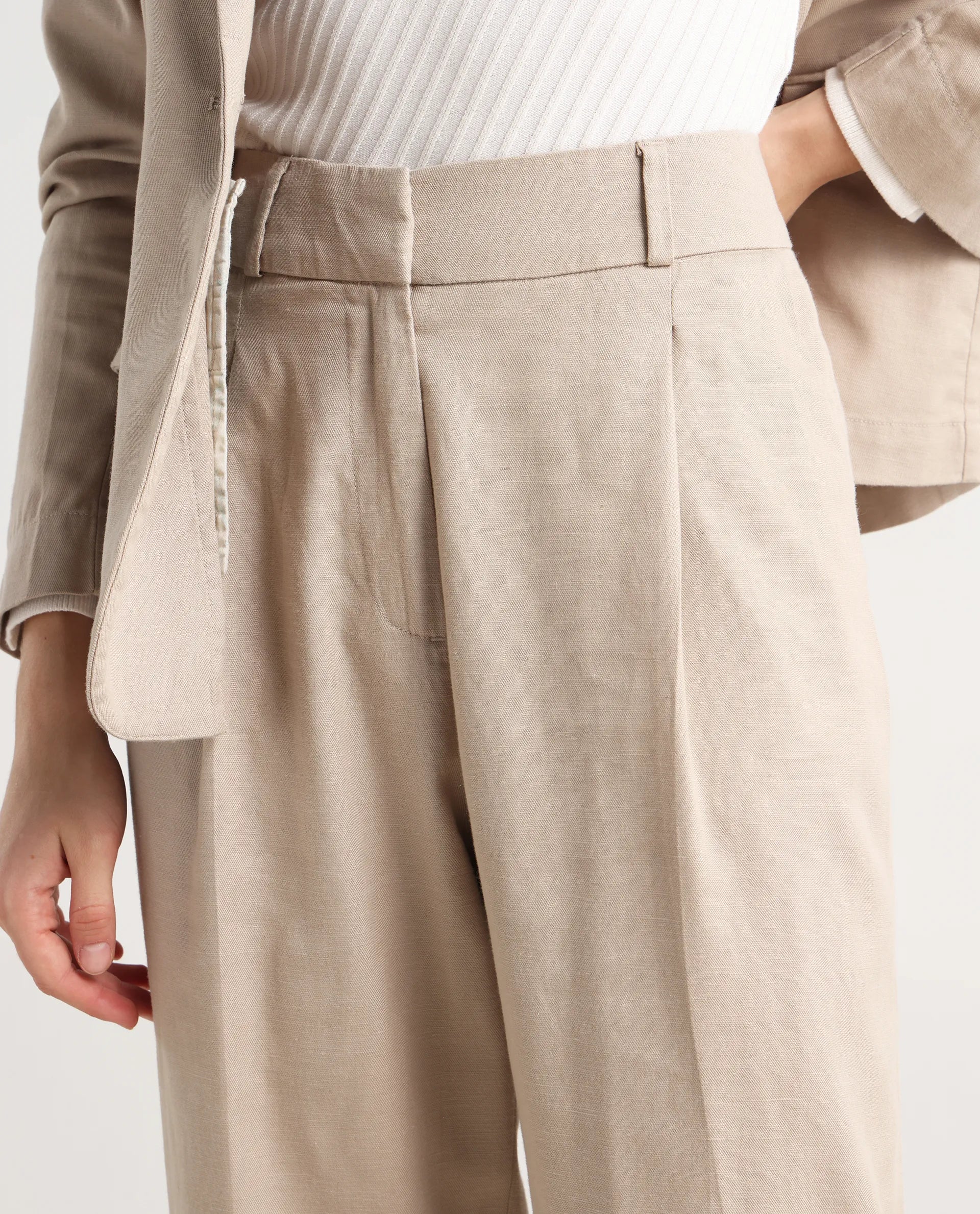 Rareism Women's Linzy-B Beige 100% Linen Straight Plain Trouser