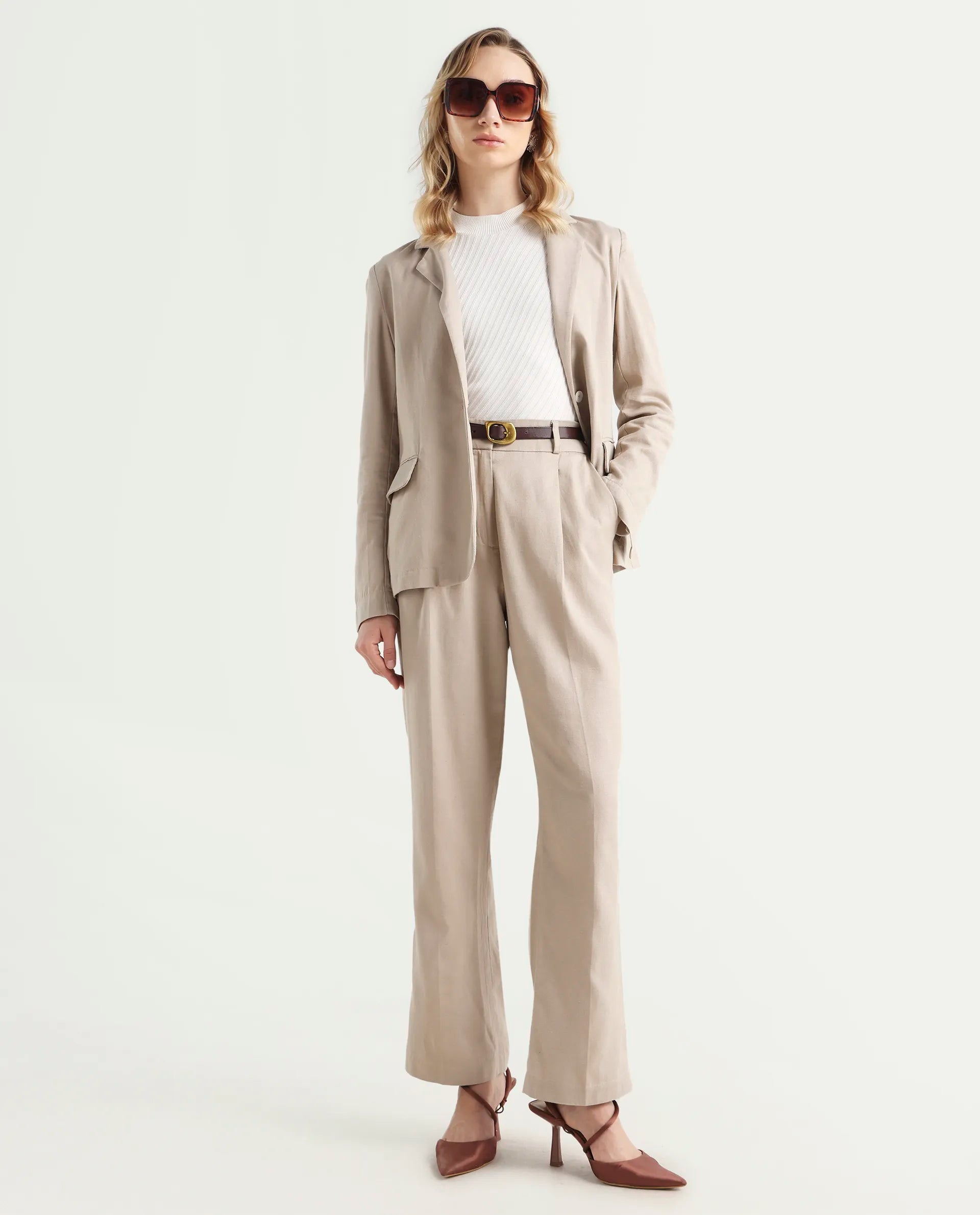Rareism Women's Linzy-T Beige 100% Linen Full Sleeve Lapel Neck Regular Plain Blazer