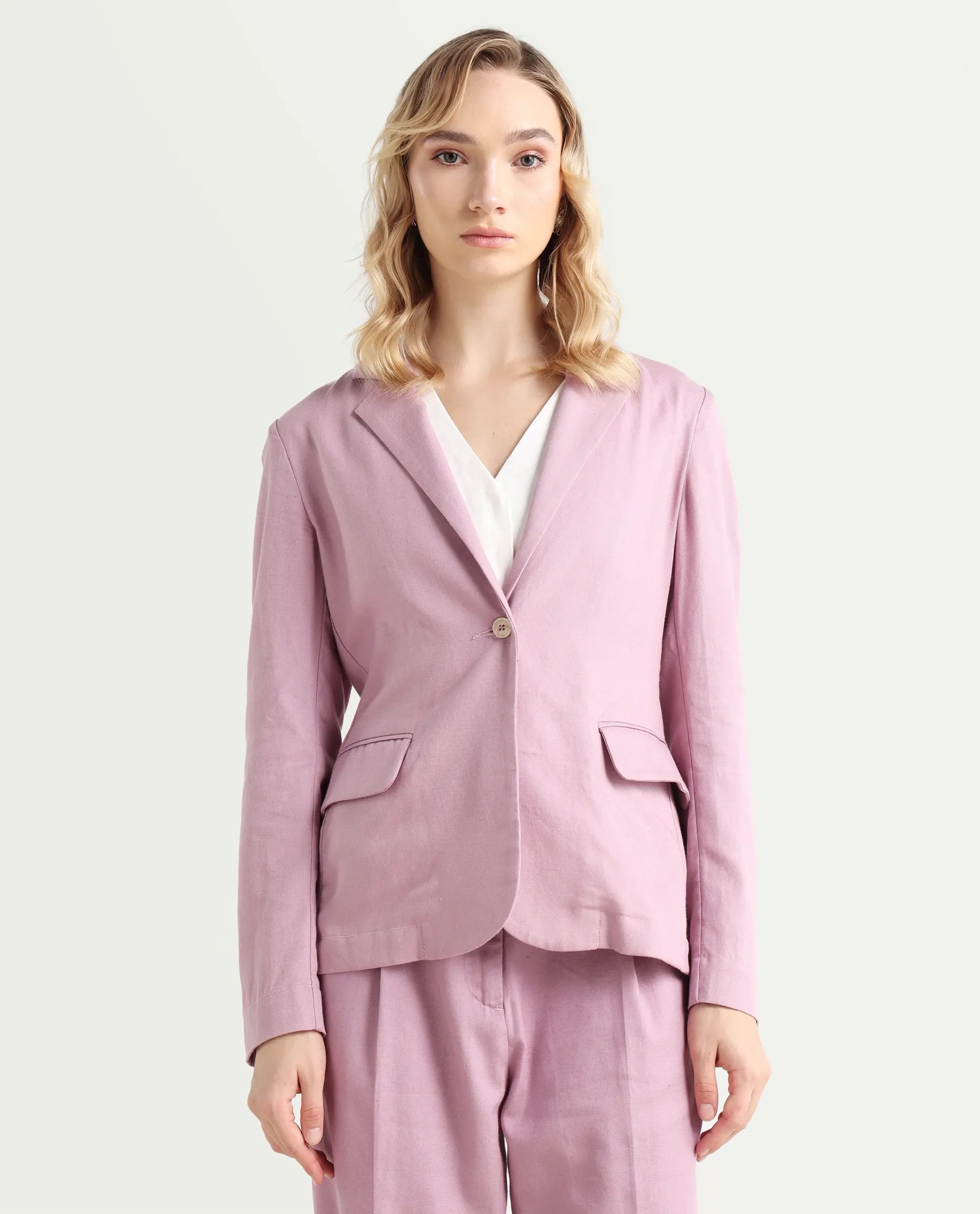 Rareism Women's Linzy-T Dusky Pink 100% Linen Full Sleeve Lapel Neck Regular Plain Blazer