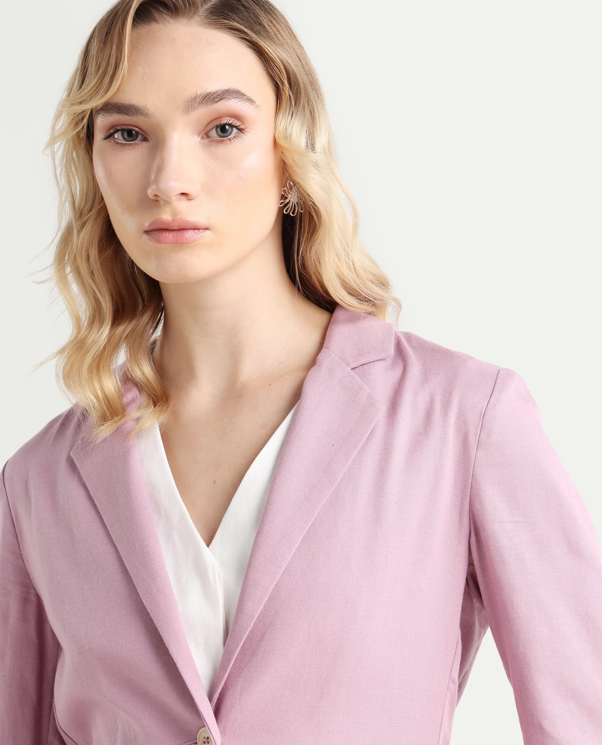 Rareism Women's Linzy-T Dusky Pink 100% Linen Full Sleeve Lapel Neck Regular Plain Blazer