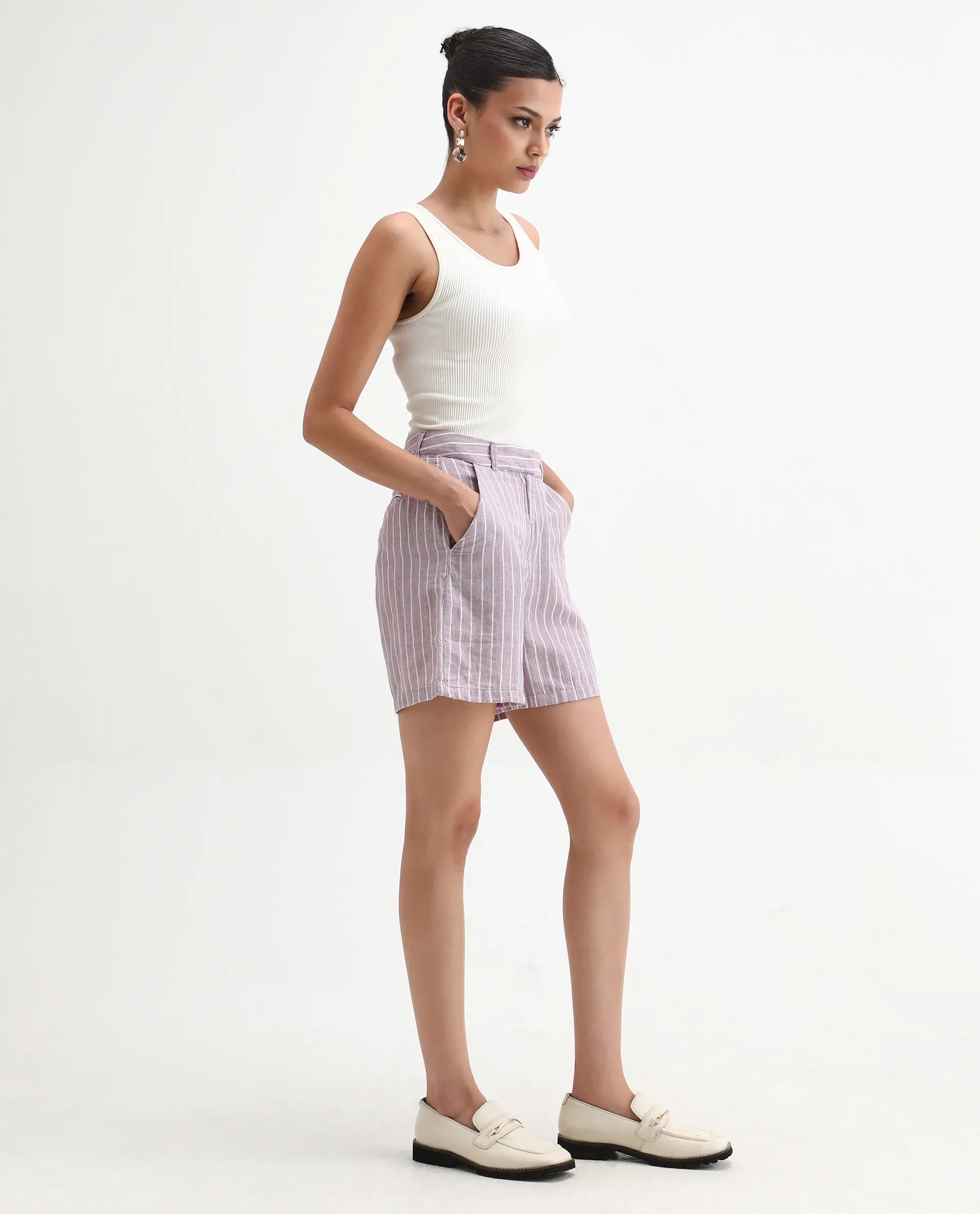 Rareism Women's Liya Purple Linen Striped Regular Fit Shorts