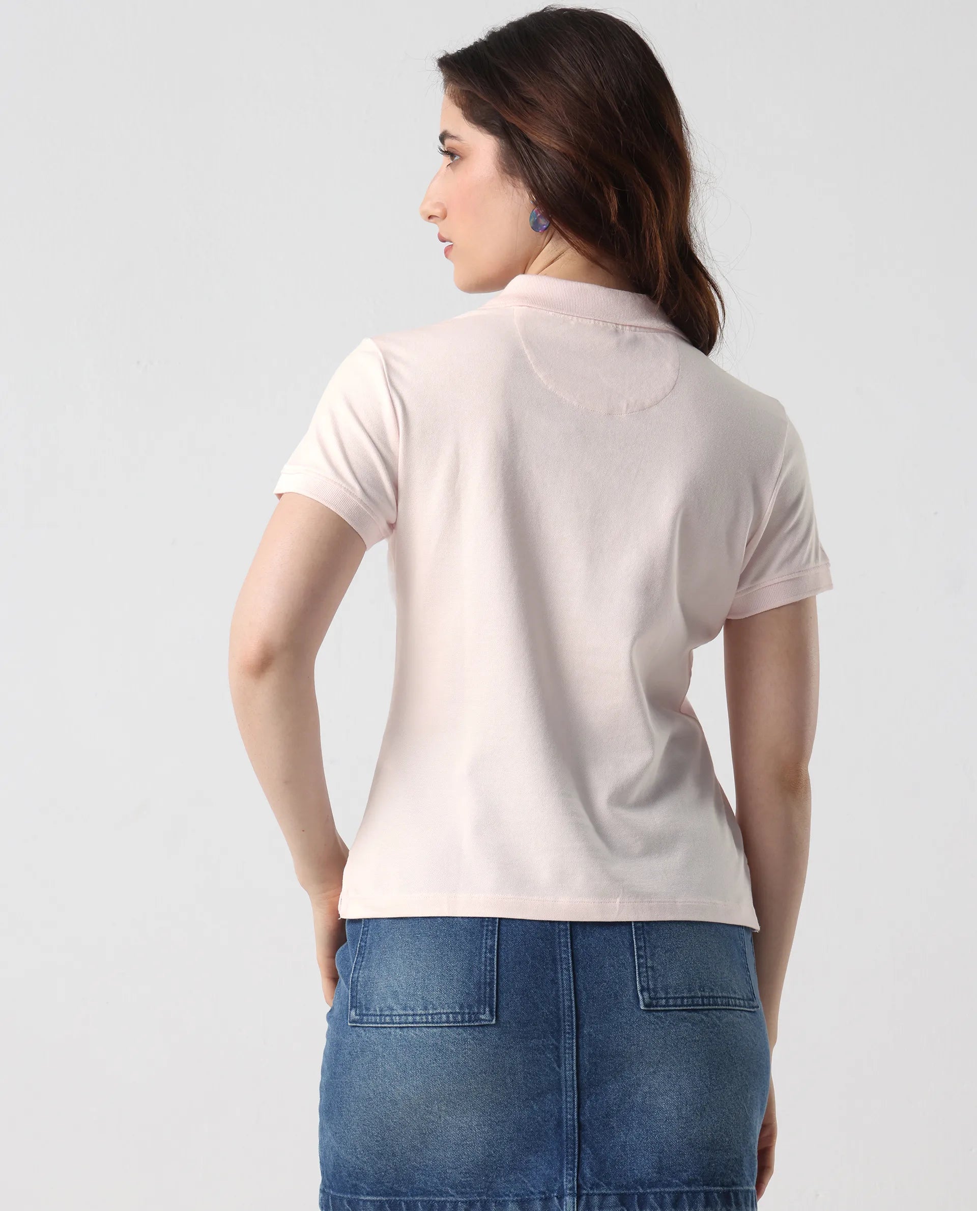 Rareism Women's Logan Light Pink Cotton Blend Polo Neck Plain Regular Fit Polo