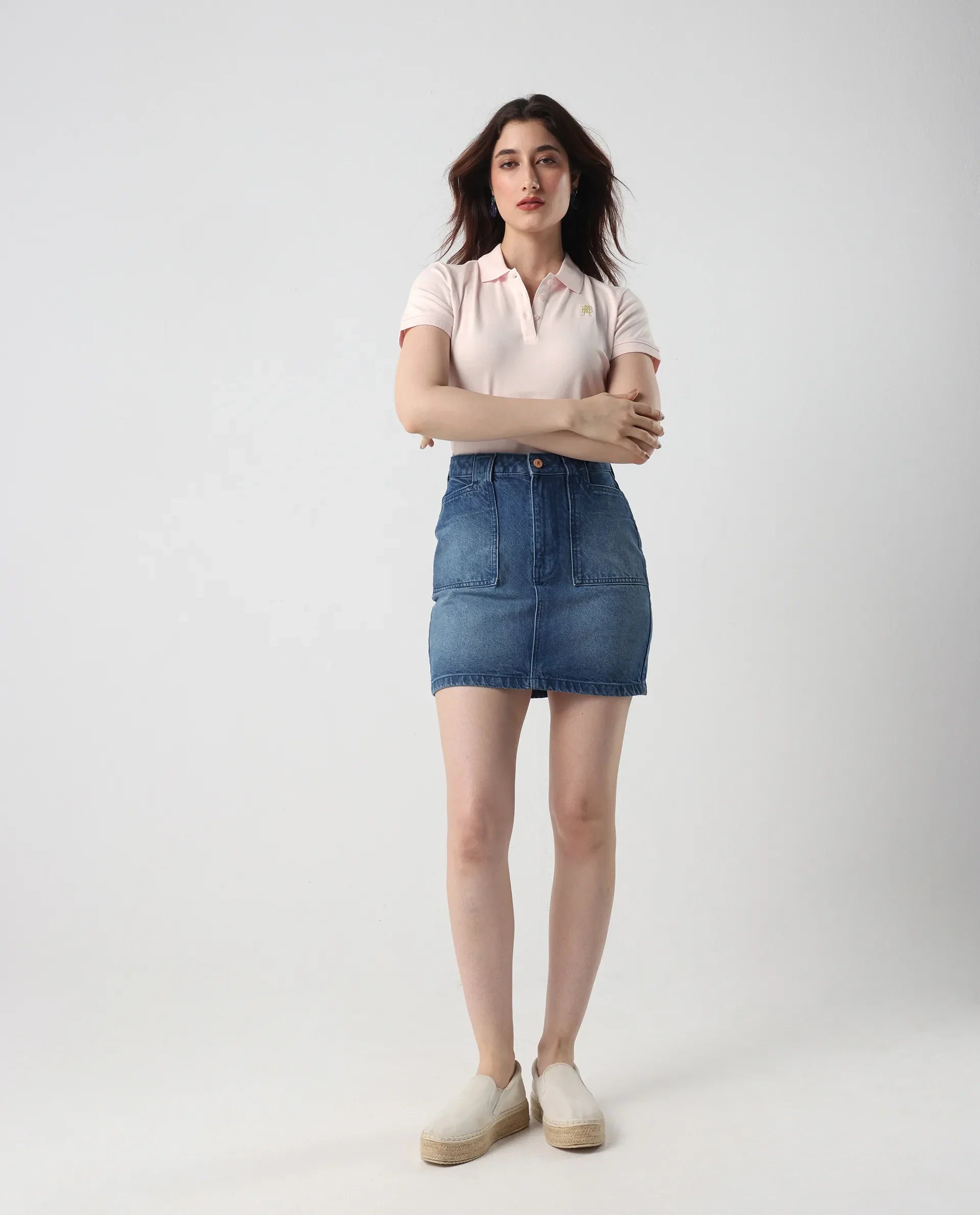 Rareism Women's Logan Light Pink Cotton Blend Polo Neck Plain Regular Fit Polo