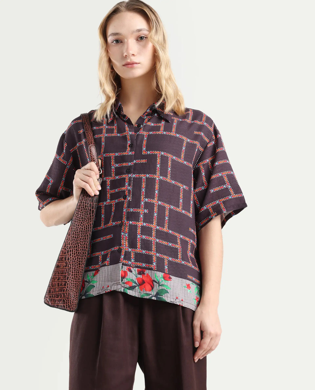 Rareism Women's Lombard Brown Viscose Blend Spread Collar Geometric Print Boxy Fit Shirt