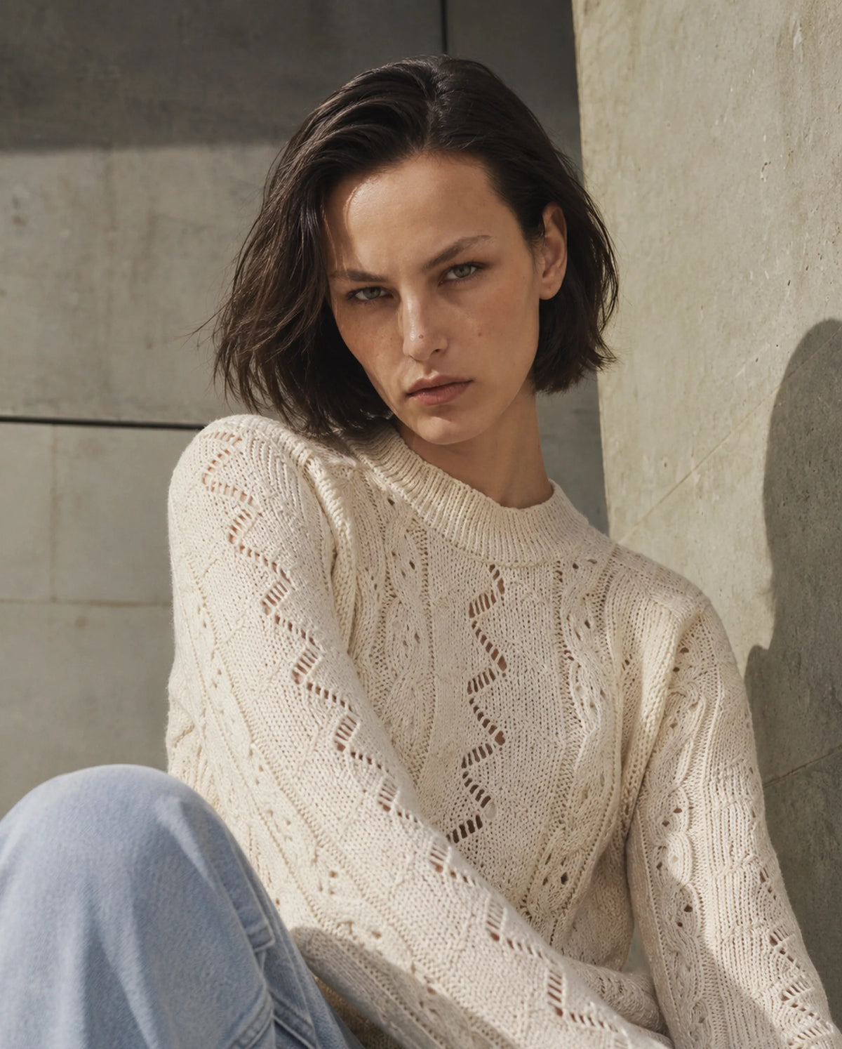 Rareism Women's Lonu Off White Acrylic Blend Pull-On Relaxed Fit Plain Sweater