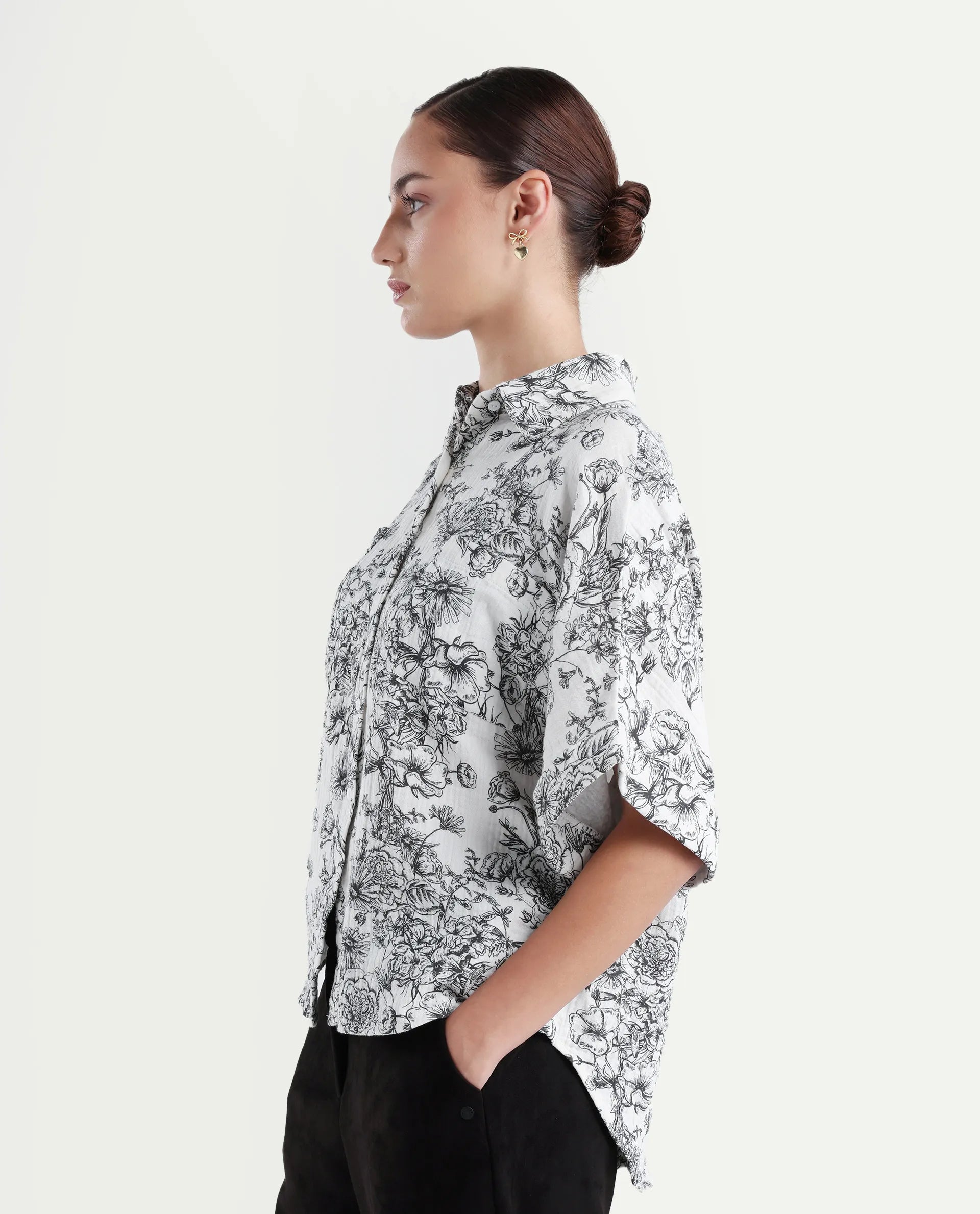 Rareism Women's Loraine Off White Cotton Drop Collar Floral Print Extended Sleeves Regular Fit Top