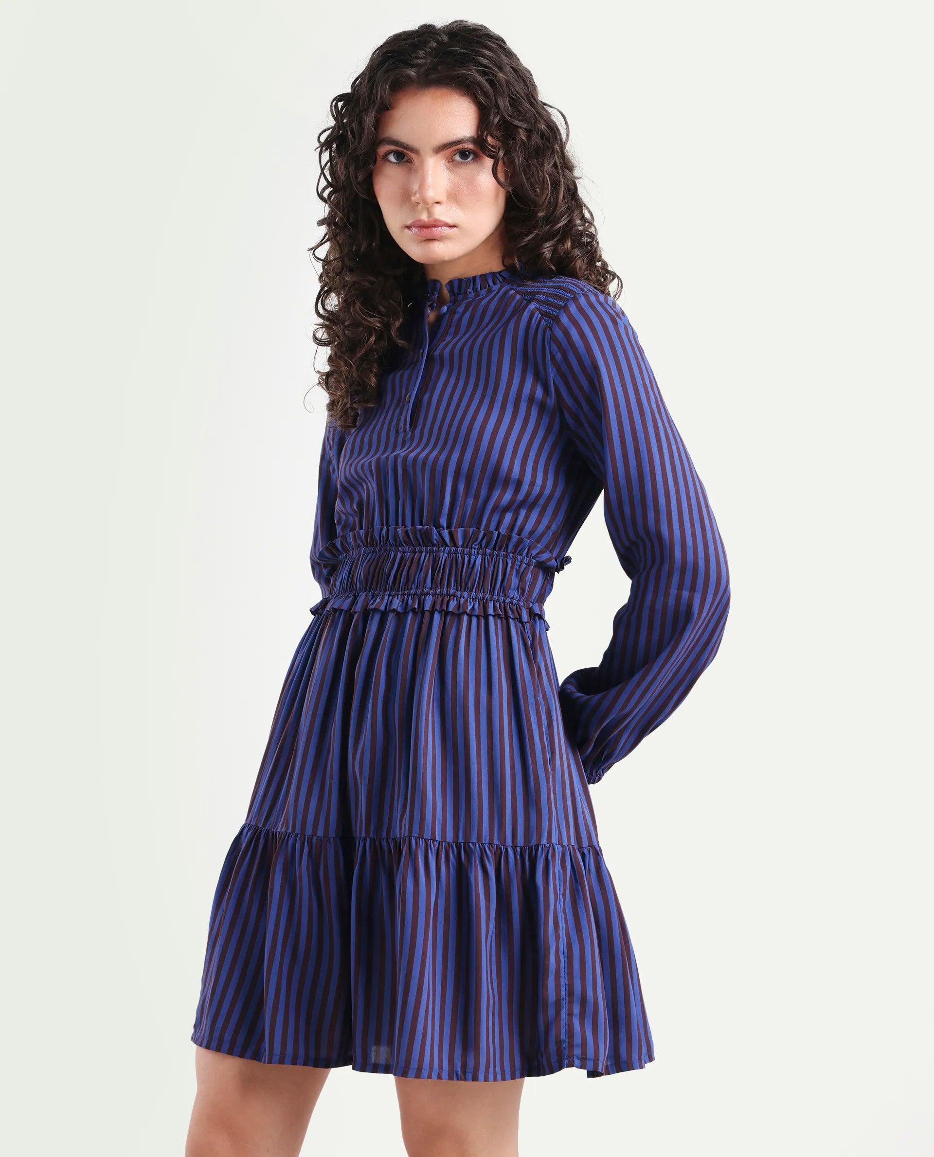 Rareism Women's Loretta Blue Viscose Mandarin Collar Striped Mini Regular Fit Dress