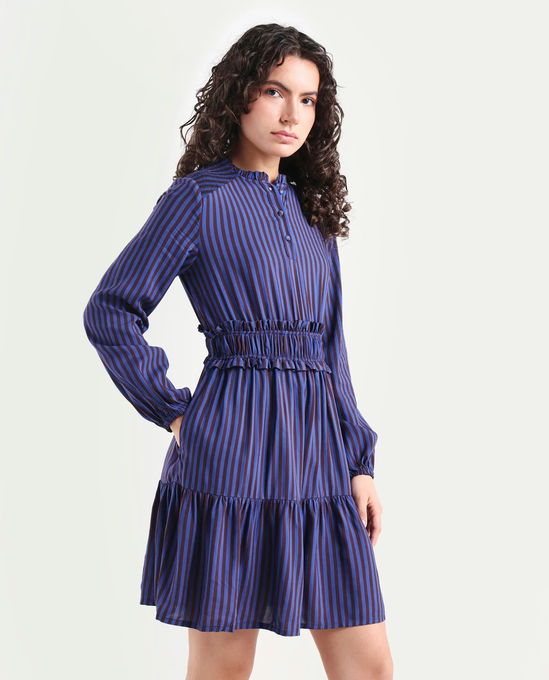 Rareism Women's Loretta Blue Viscose Mandarin Collar Striped Mini Regular Fit Dress