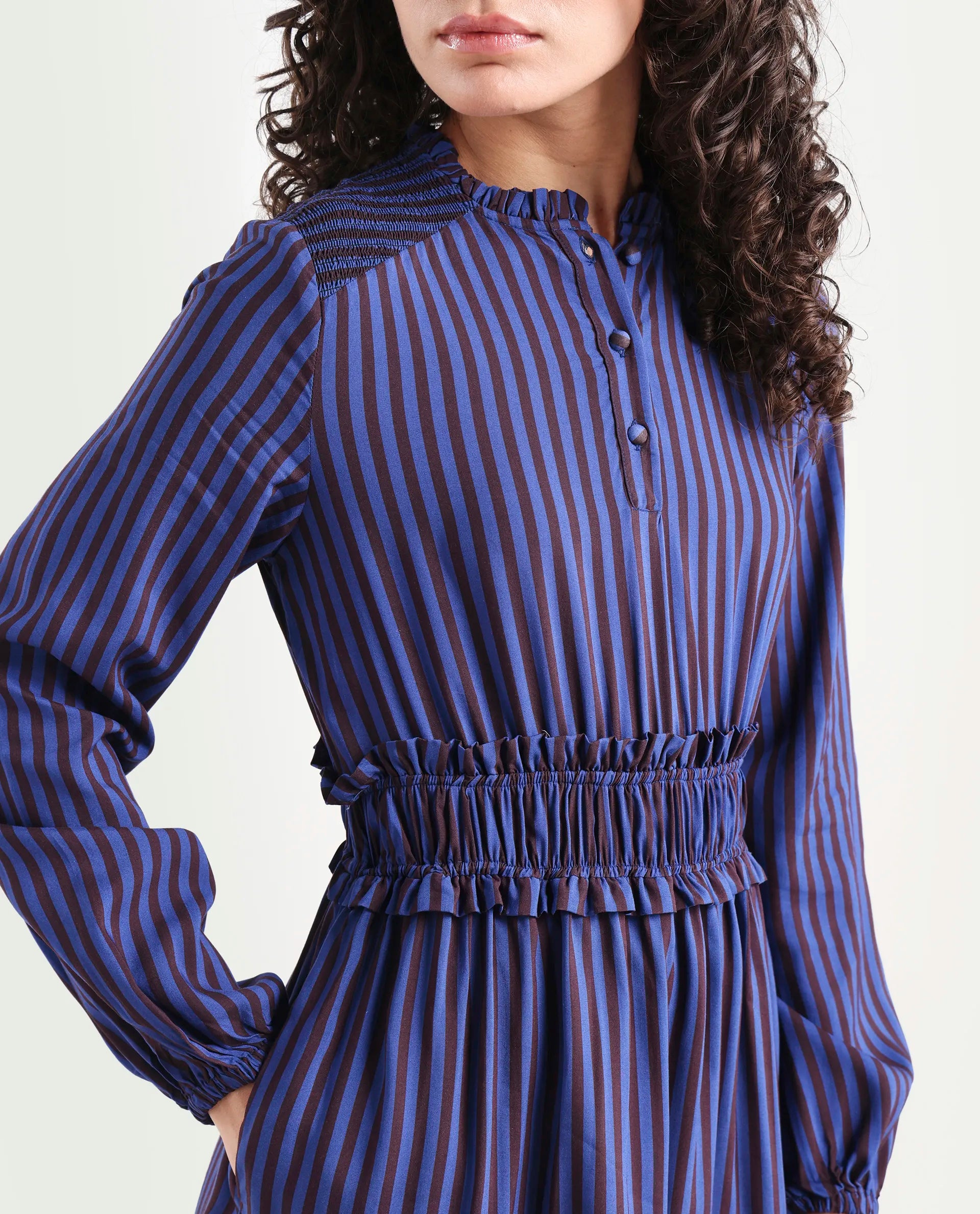 Rareism Women's Loretta Blue Viscose Mandarin Collar Striped Mini Regular Fit Dress