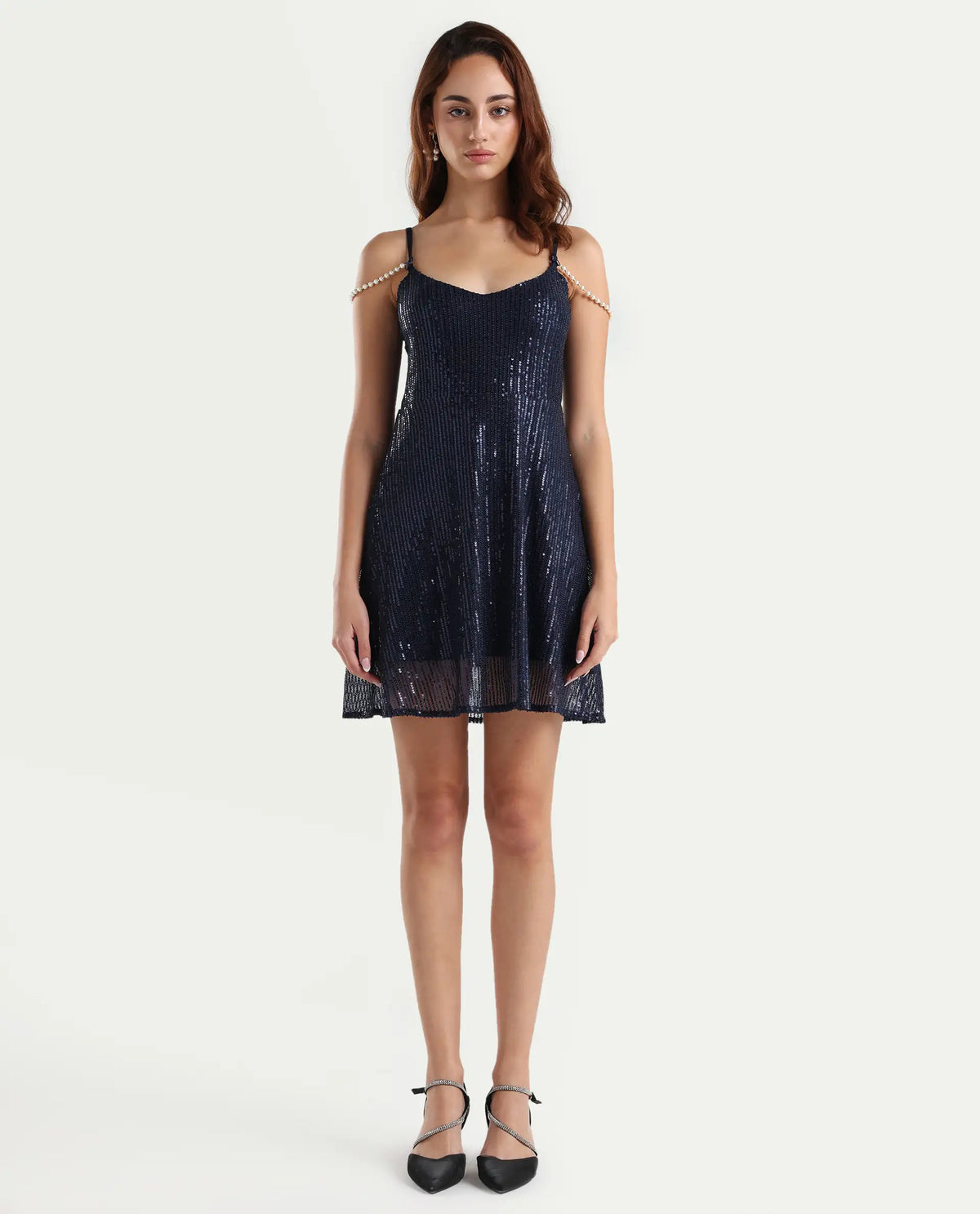 Rareism Women's Lovez Blue Nylon Shoulder Strap Sequined Shoulder Strap Knee Length Regular Fit Dress