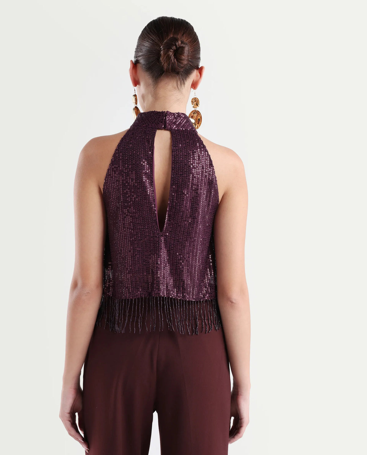 Rareism Women's Lovia Maroon Nylon Halter Neck Sequined Sleeveless Regular Fit Top