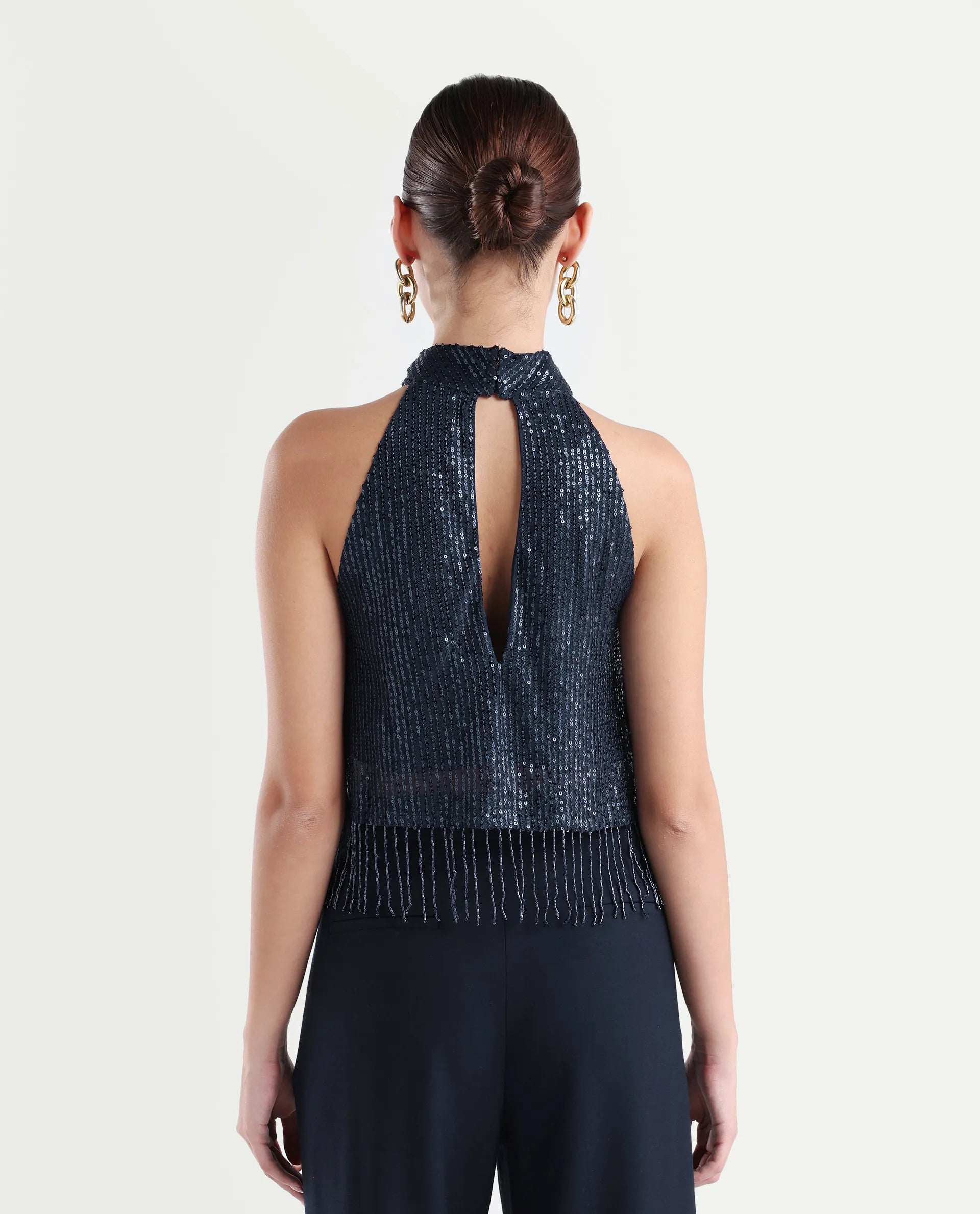 Rareism Women's Lovia Black Nylon Halter Neck Sequined Sleeveless Regular Fit Top