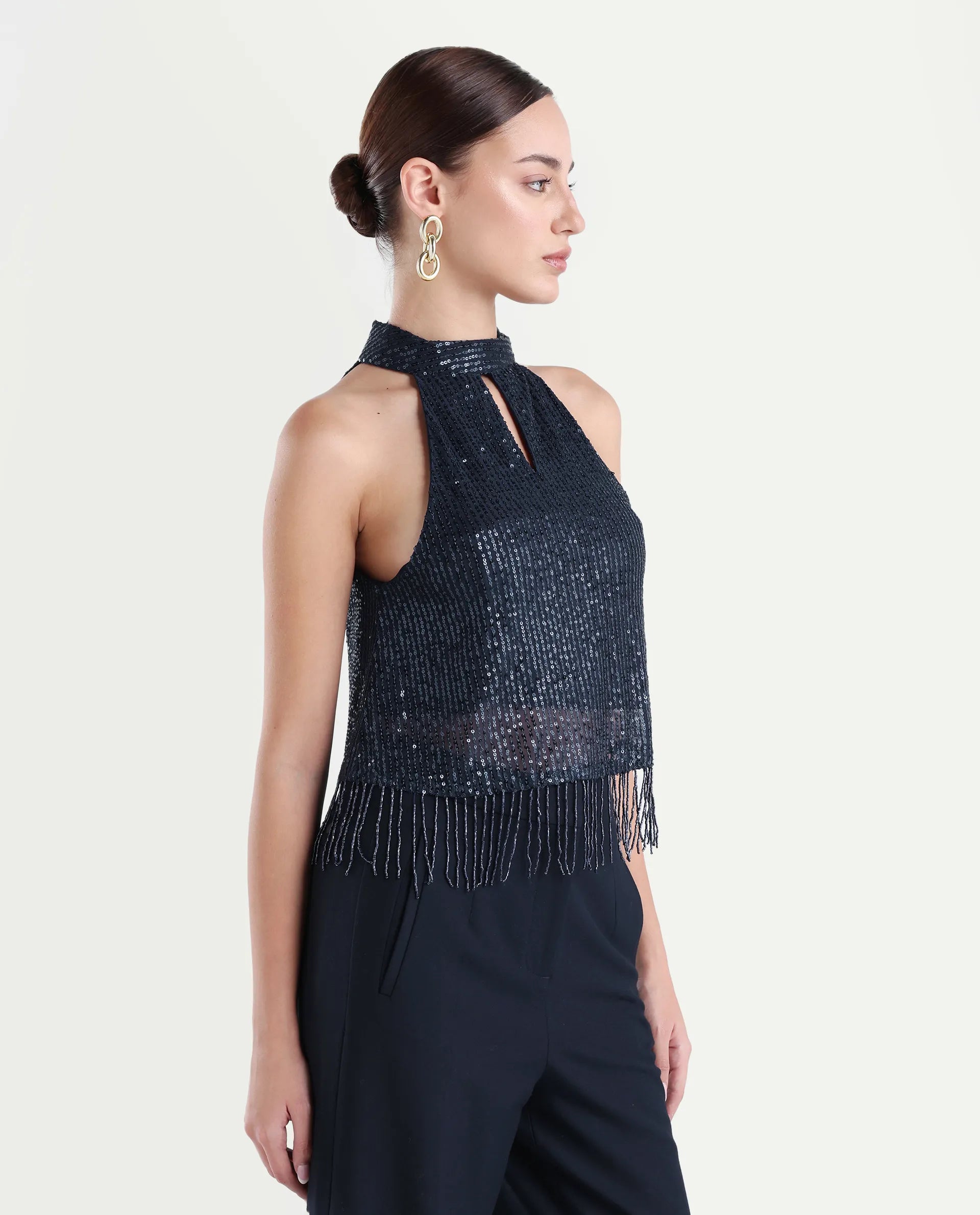 Rareism Women's Lovia Black Nylon Halter Neck Sequined Sleeveless Regular Fit Top