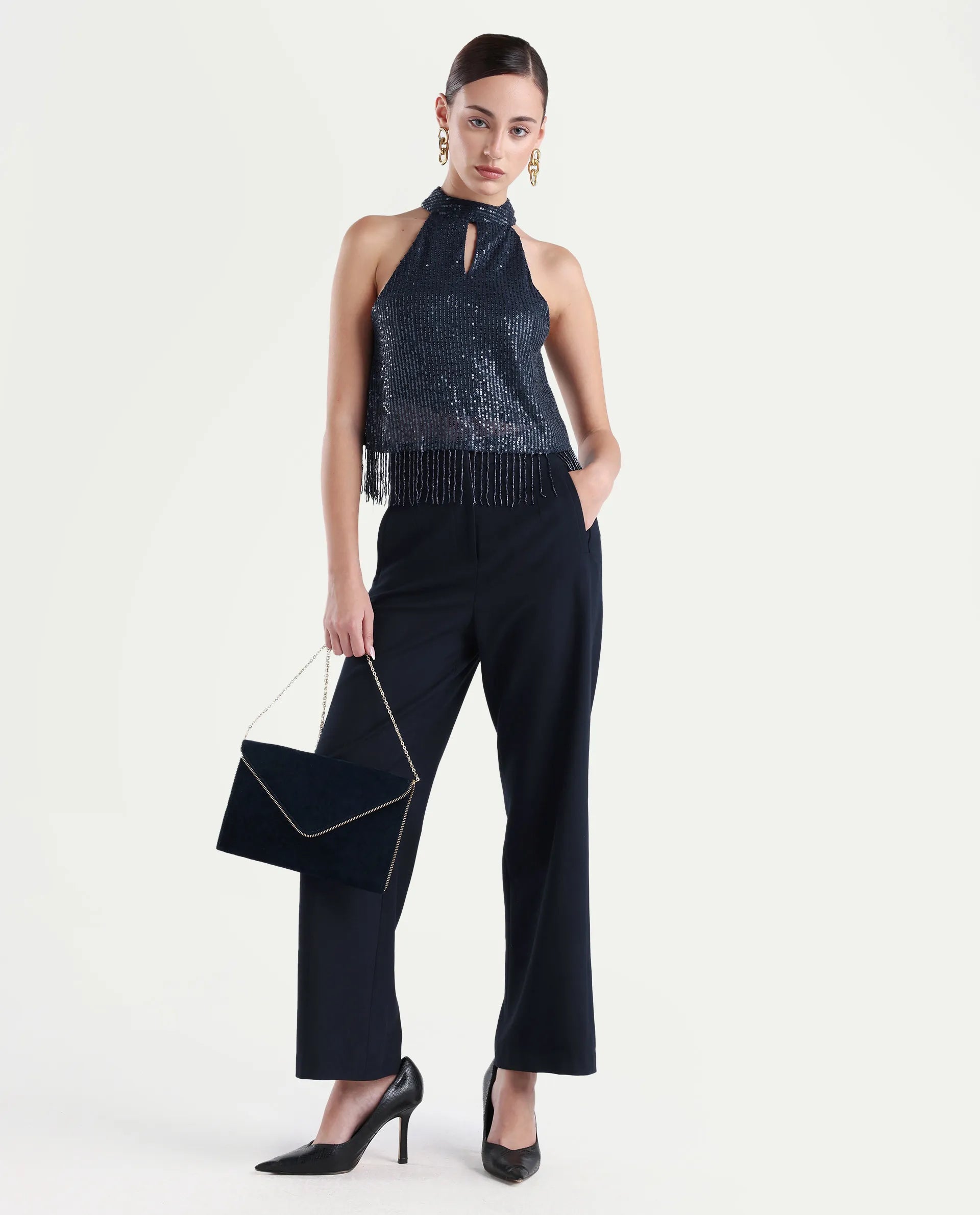 Rareism Women's Lovia Black Nylon Halter Neck Sequined Sleeveless Regular Fit Top