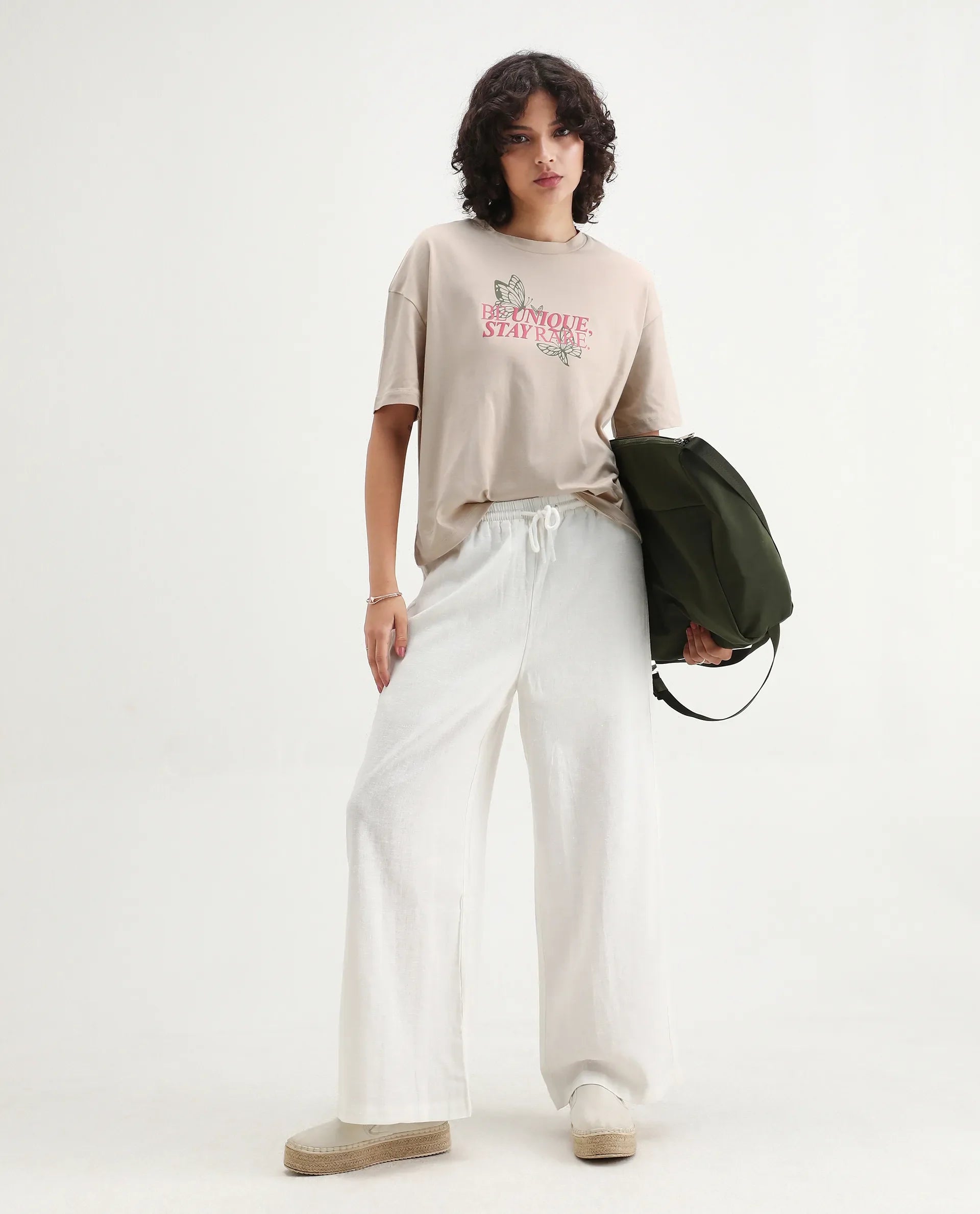 Rareism Women's Lowe Beige Cotton Blend Crew Neck Graphic Print Regular Fit T-Shirt