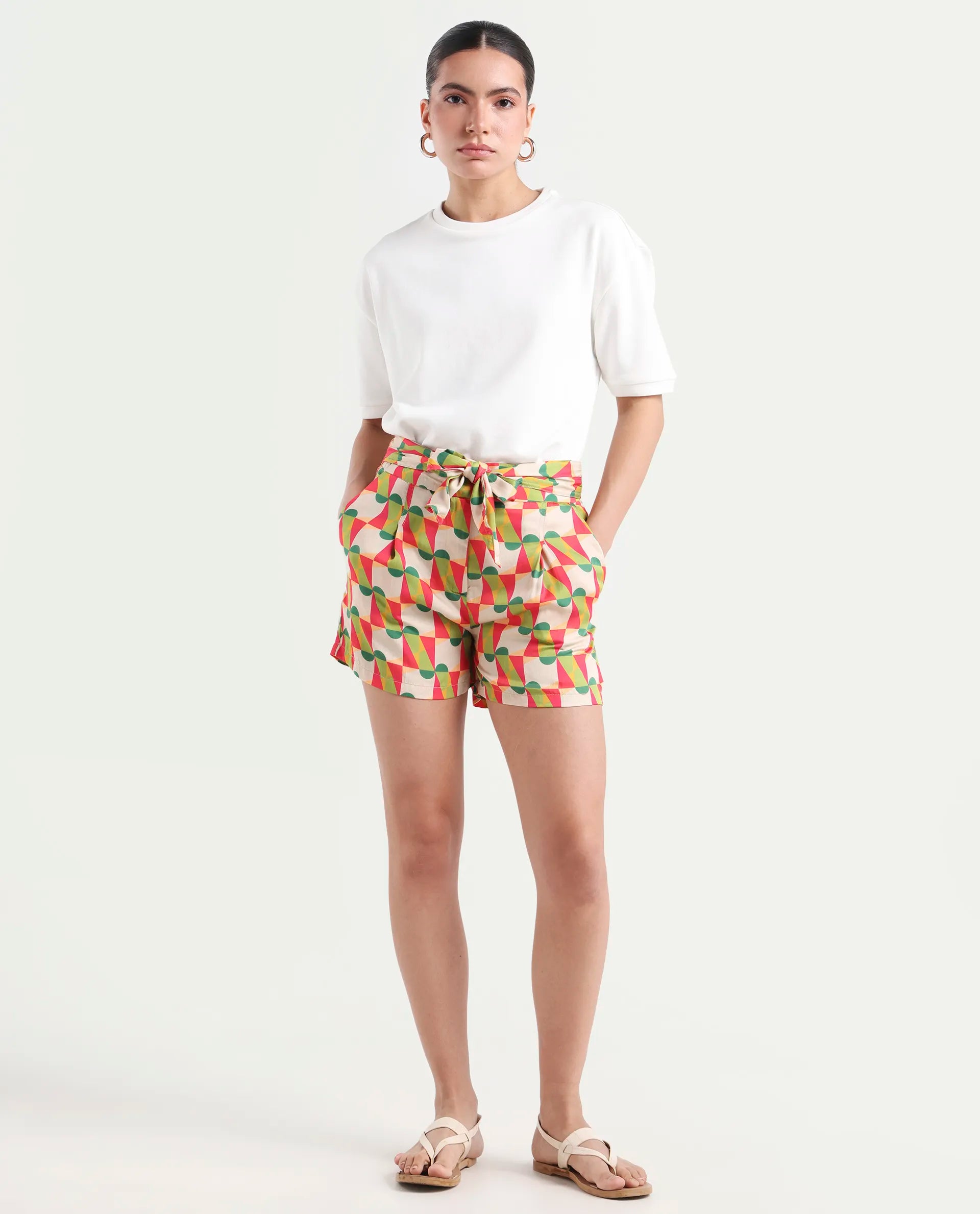 Rareism Women's Lucca Multi Cotton Blend Geometric Print Mini Regular Fit Shorts