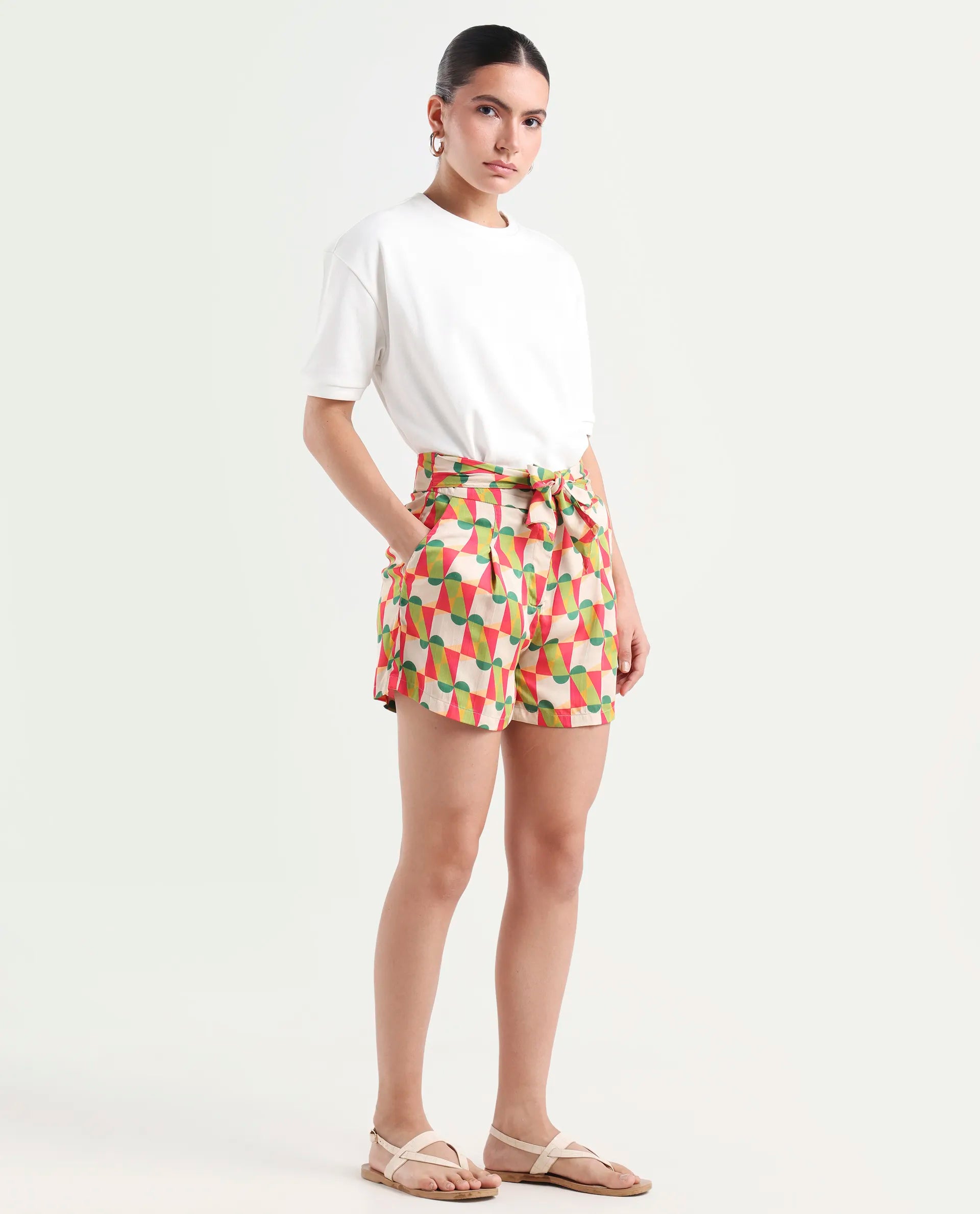 Rareism Women's Lucca Multi Cotton Blend Geometric Print Mini Regular Fit Shorts