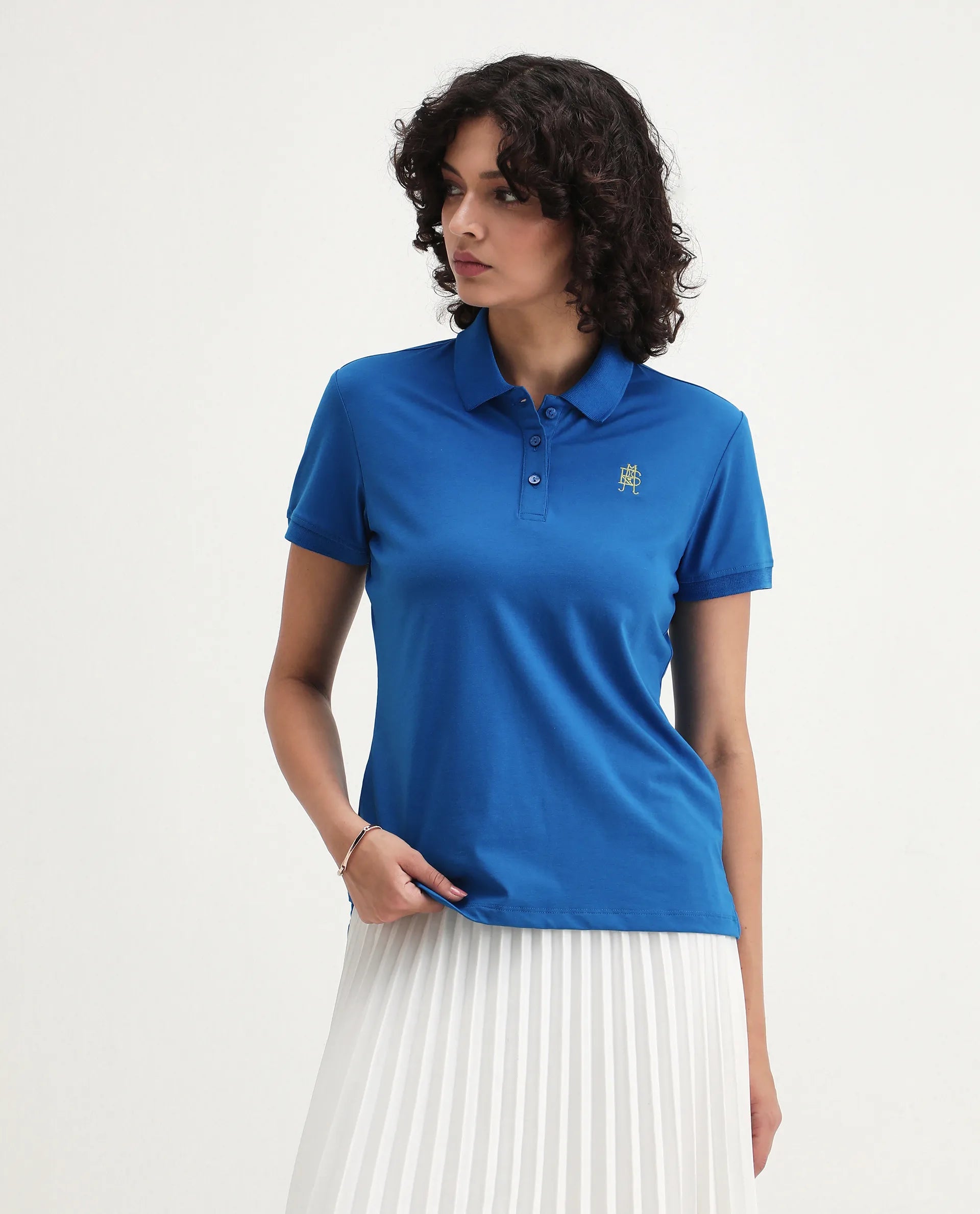 Rareism Women's Lugano Blue Cotton Blend Polo Neck Plain Regular Fit Polo