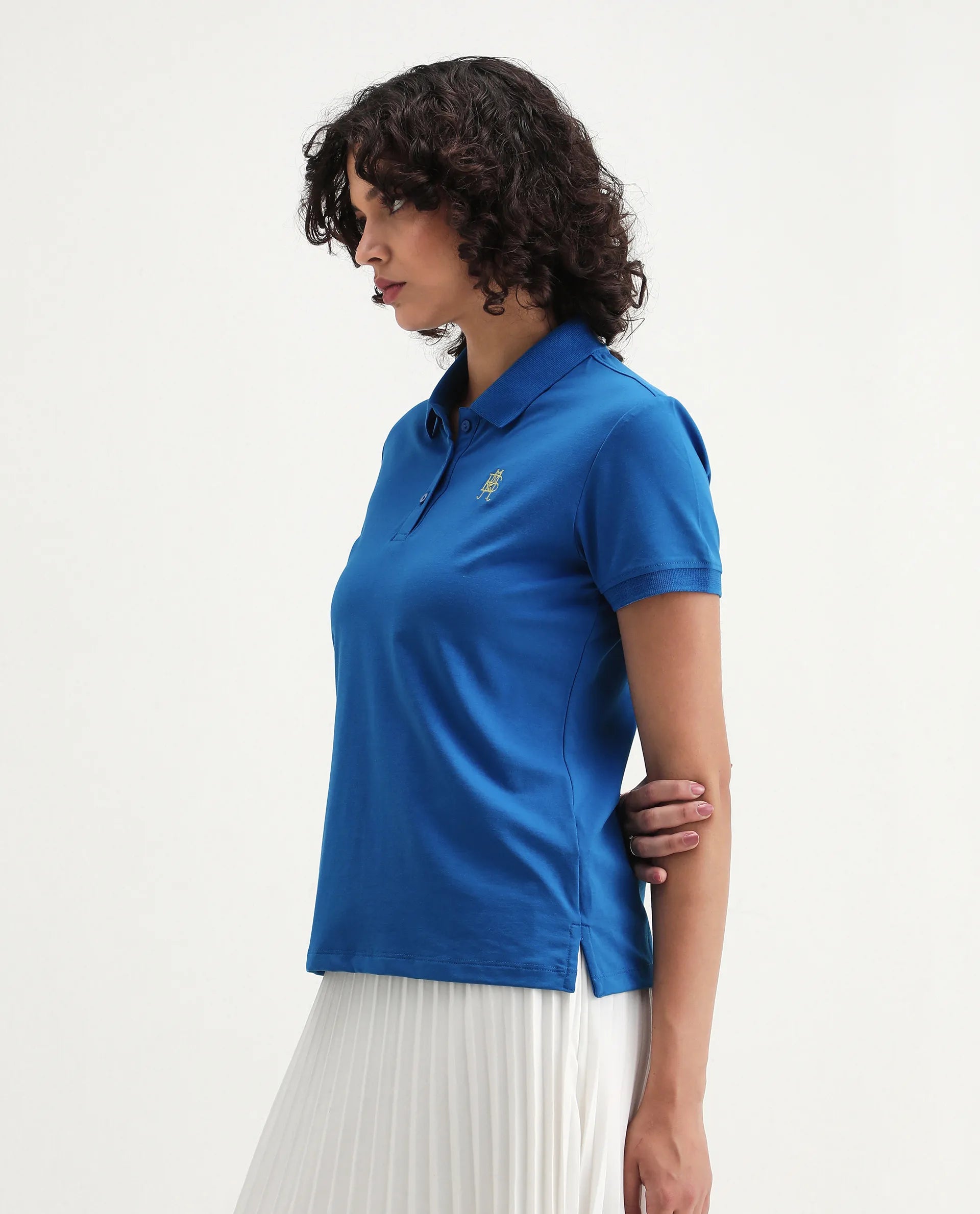Rareism Women's Lugano Blue Cotton Blend Polo Neck Plain Regular Fit Polo