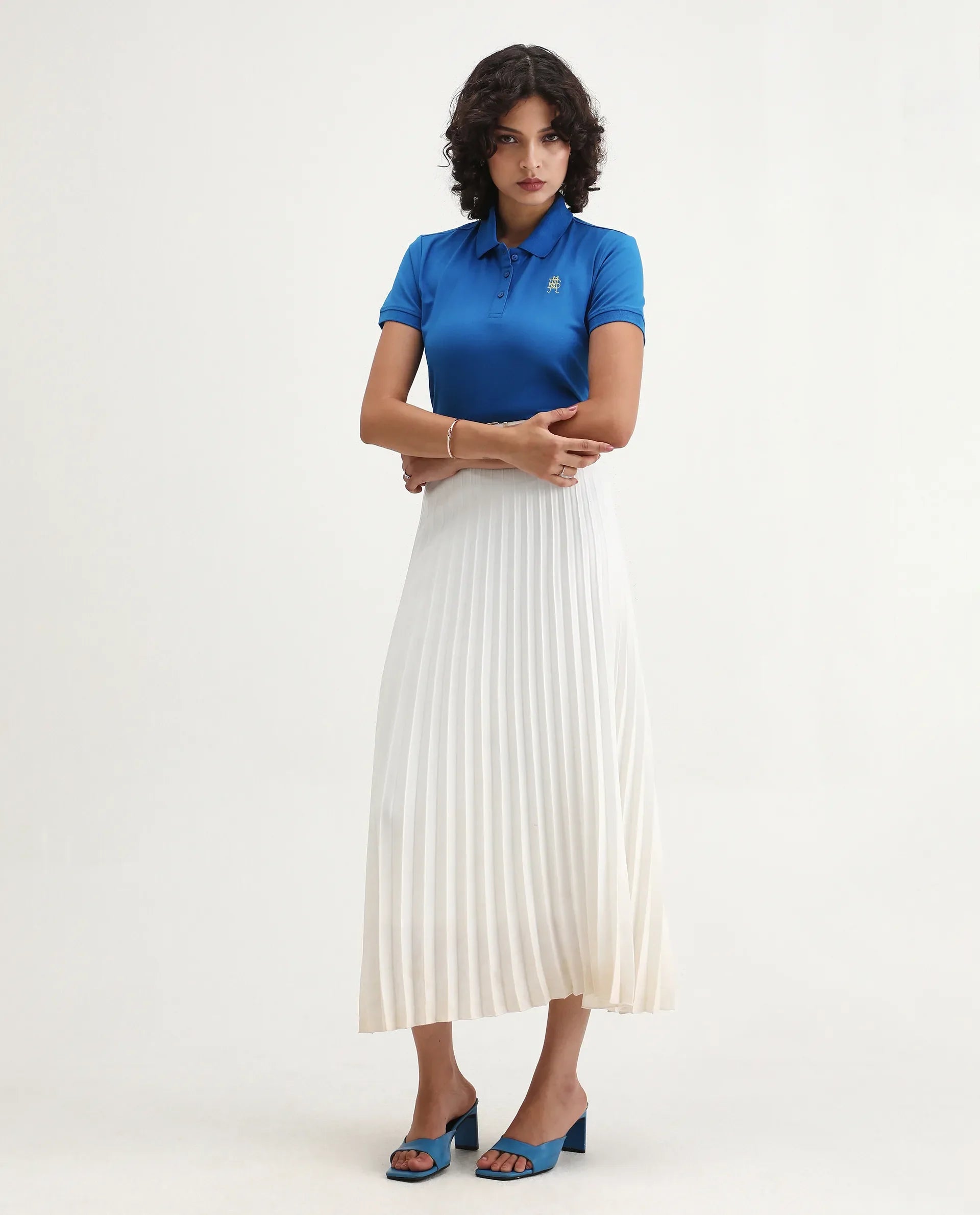 Rareism Women's Lugano Blue Cotton Blend Polo Neck Plain Regular Fit Polo