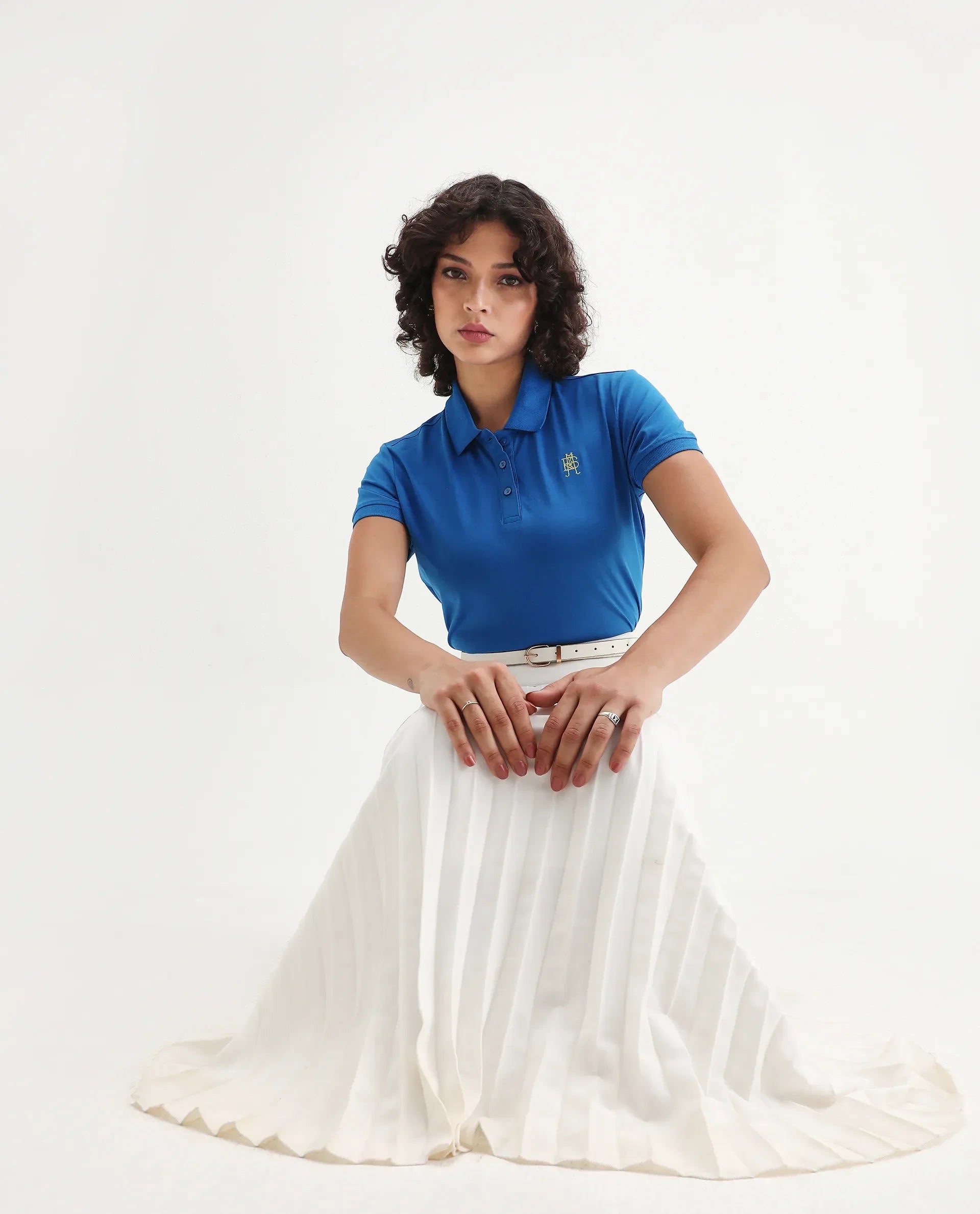 Rareism Women's Lugano Blue Cotton Blend Polo Neck Plain Regular Fit Polo