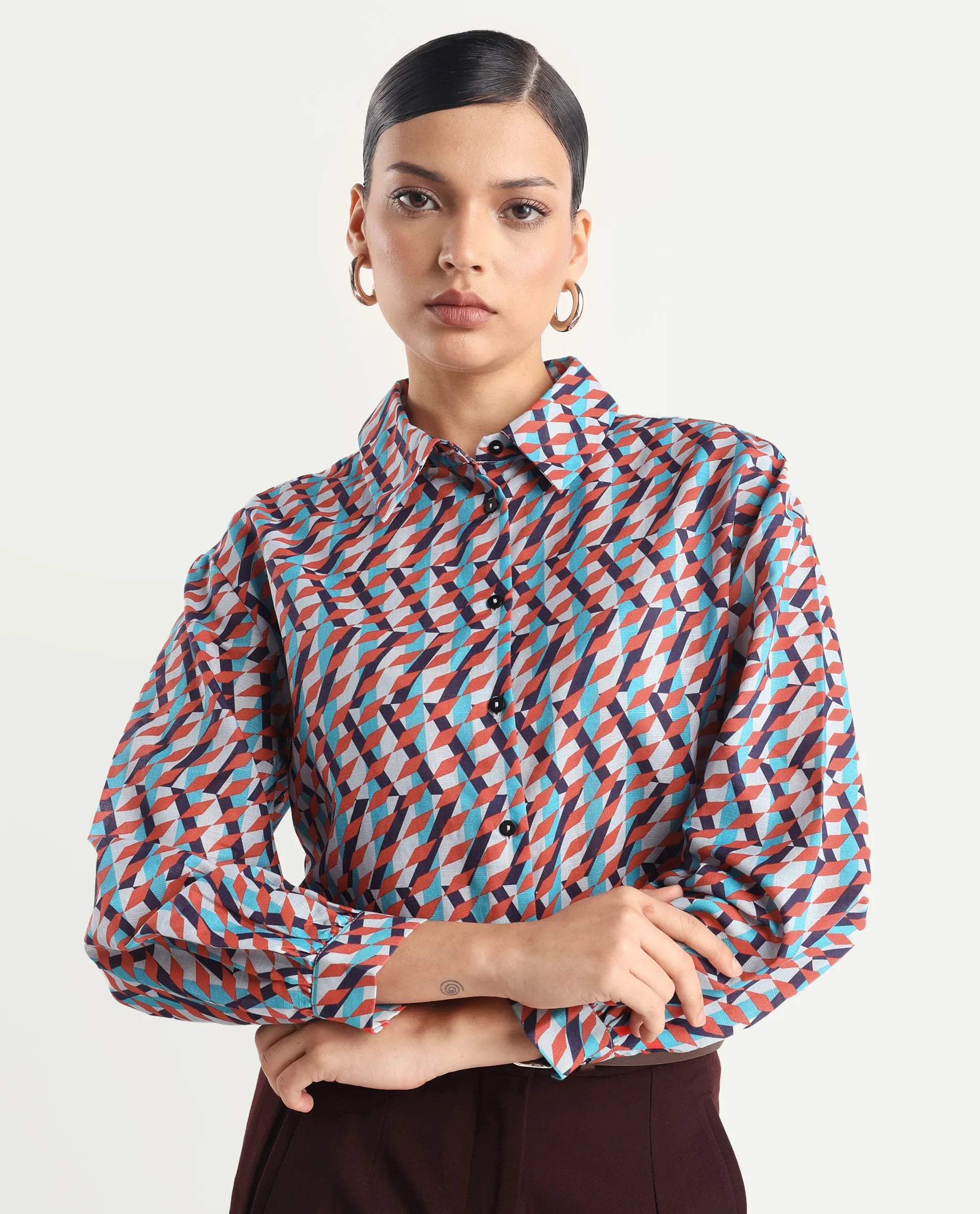 Rareism Women's Luren Dark Multi Cotton Blend Drop Collar Geometric Print Cuffed Sleeve Regular Fit Shirt