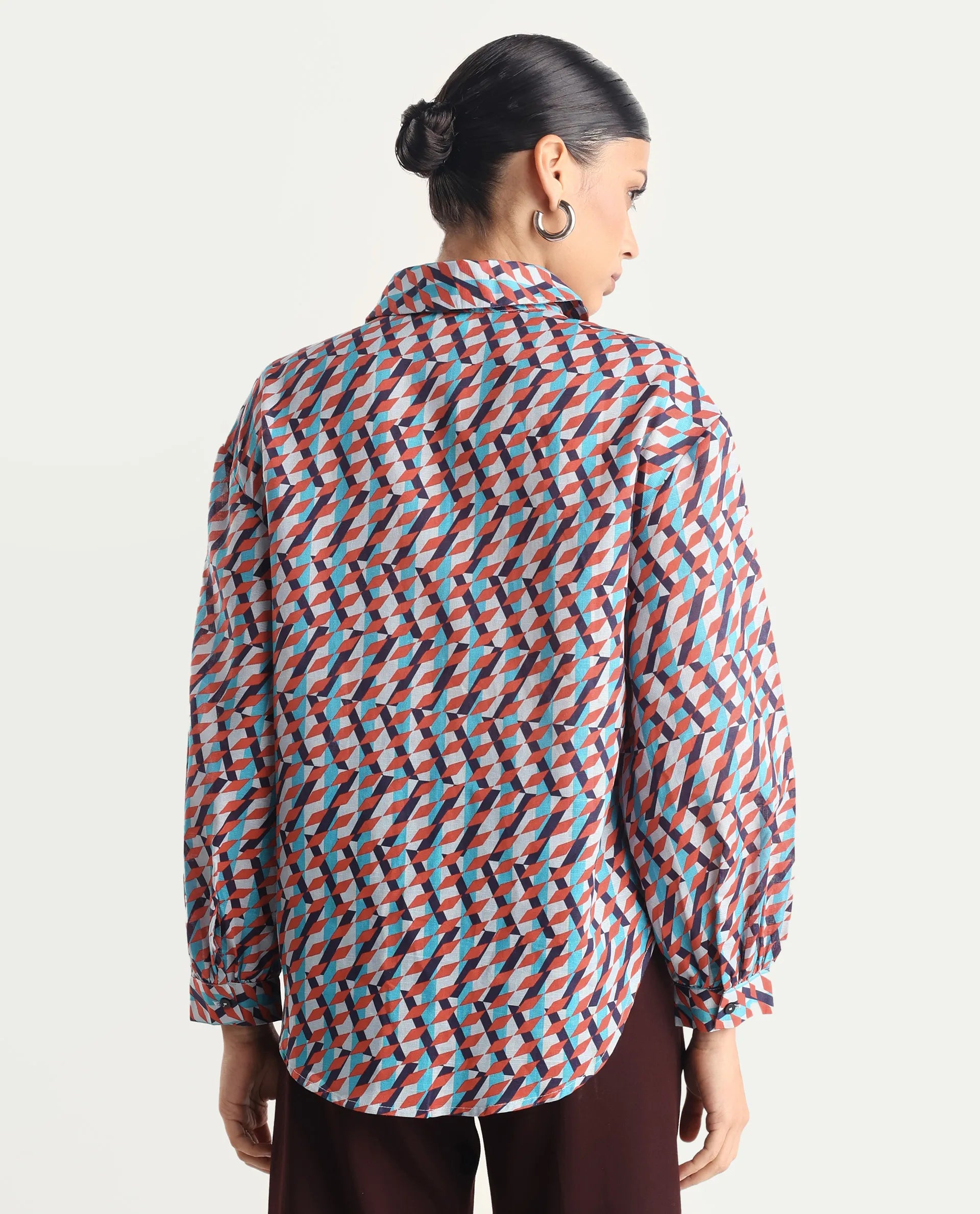 Rareism Women's Luren Dark Multi Cotton Blend Drop Collar Geometric Print Cuffed Sleeve Regular Fit Shirt