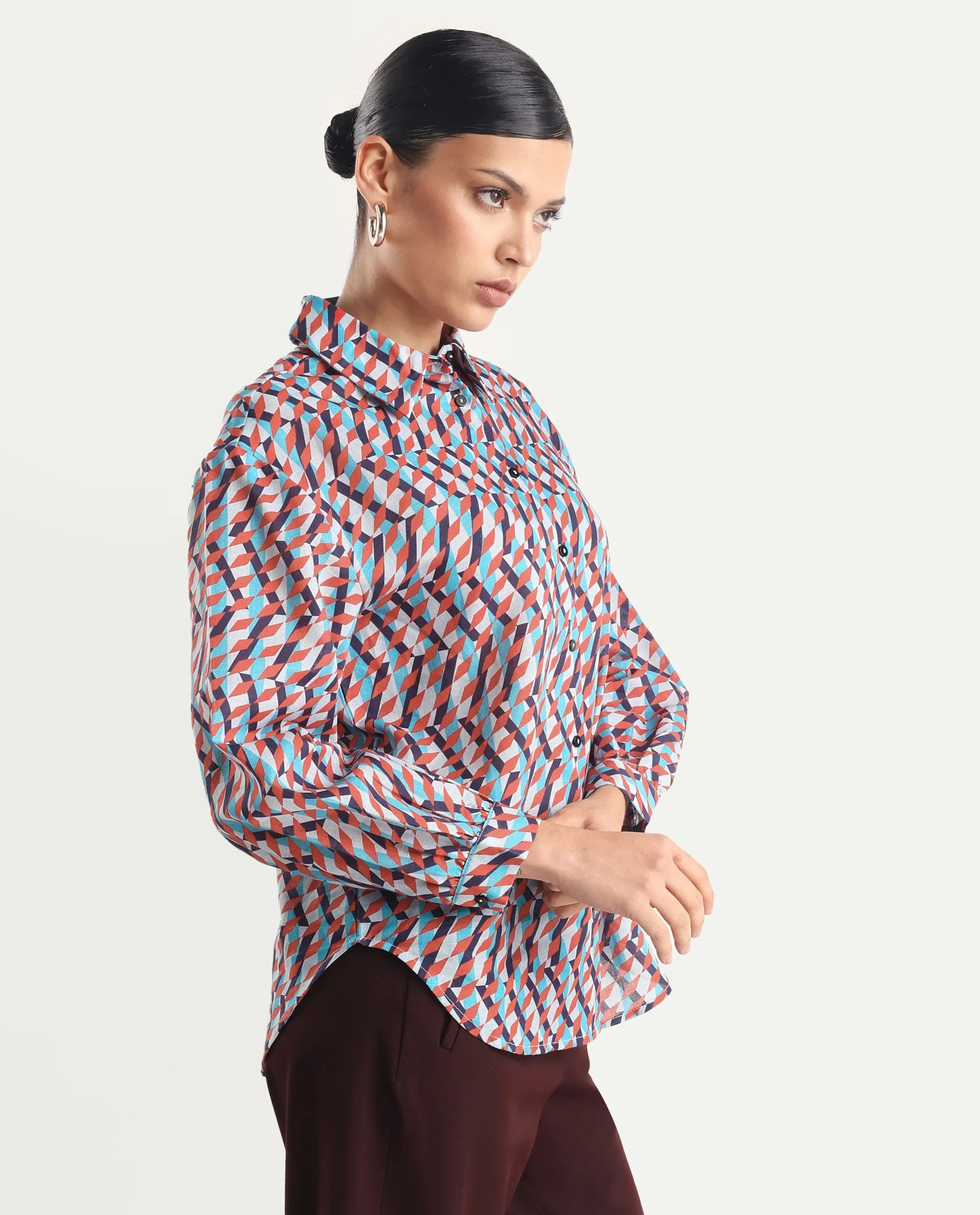 Rareism Women's Luren Dark Multi Cotton Blend Drop Collar Geometric Print Cuffed Sleeve Regular Fit Shirt