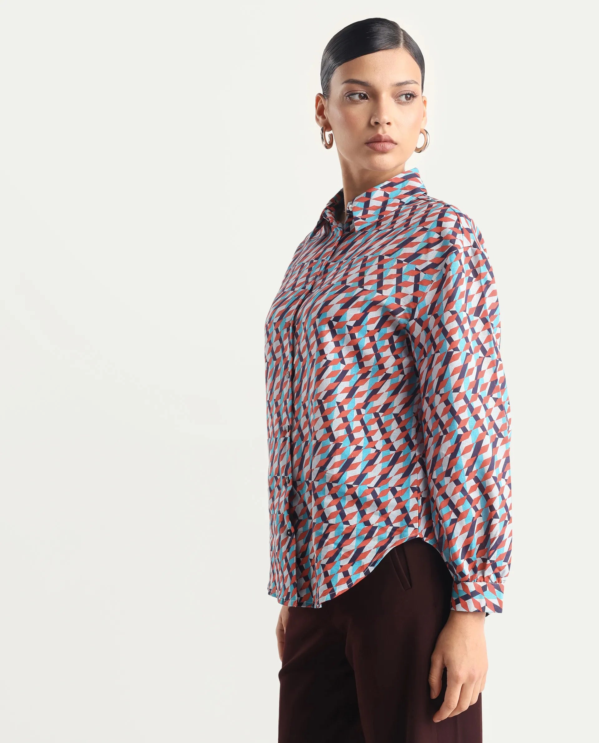 Rareism Women's Luren Dark Multi Cotton Blend Drop Collar Geometric Print Cuffed Sleeve Regular Fit Shirt