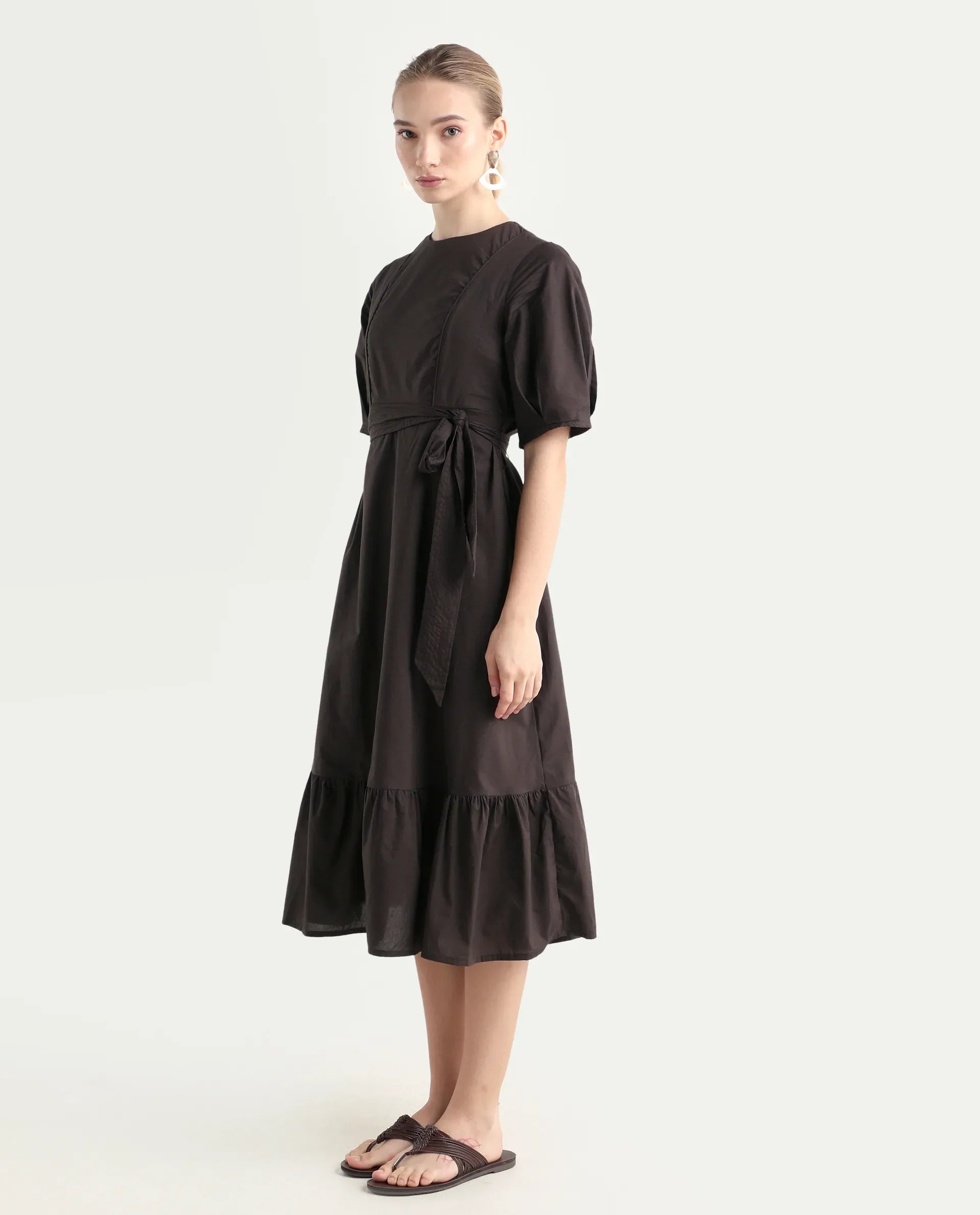 Rareism Women's Lusine Brown Crew Neck Plain Bishop Sleeve Midi Fit And Flare Dress