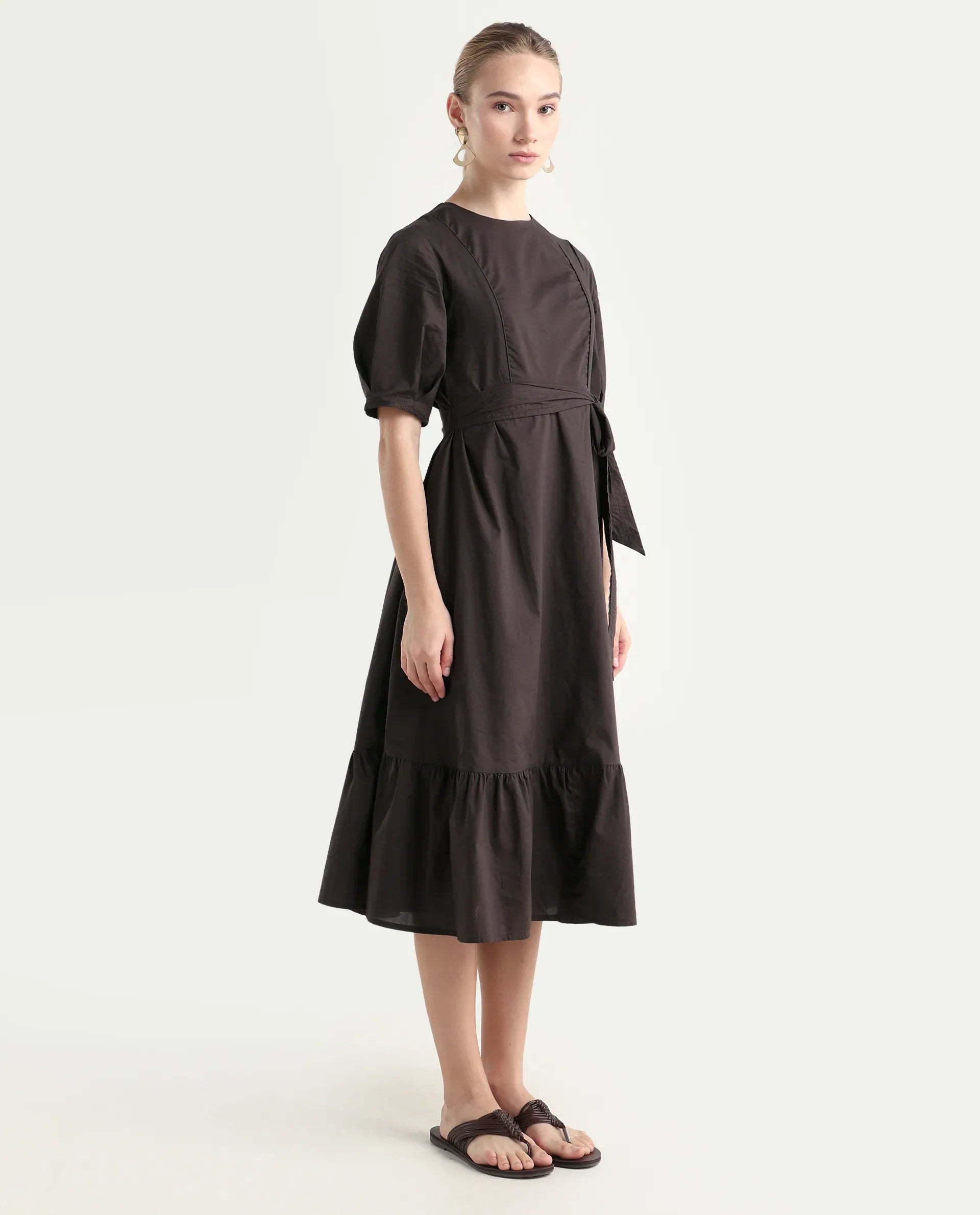 Rareism Women's Lusine Brown Crew Neck Plain Bishop Sleeve Midi Fit And Flare Dress