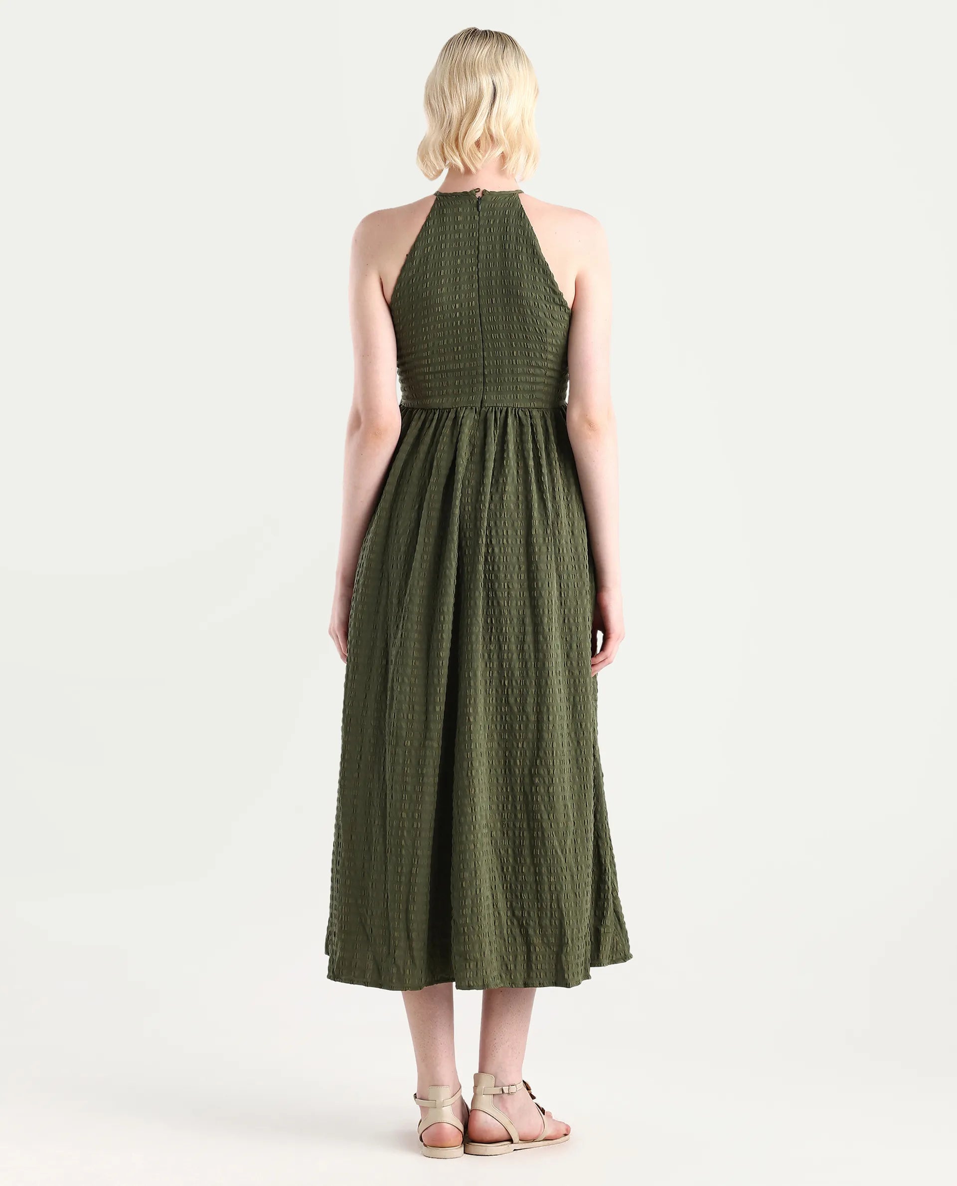 Rareism Women's Macnica Olive Polyester Blend Halter Neck Plain Sleeveless Maxi Fit And Flare Dress