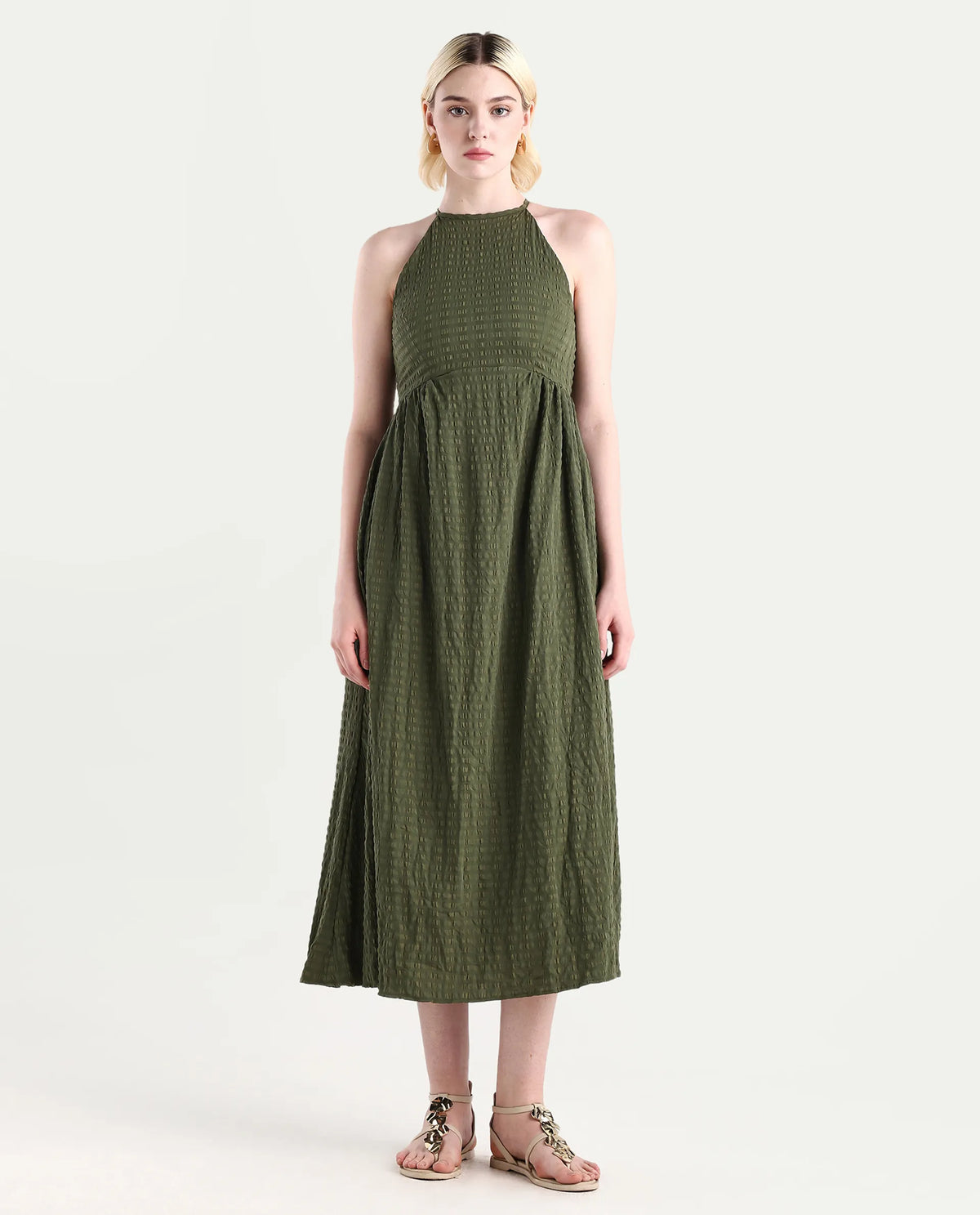 Rareism Women's Macnica Olive Polyester Blend Halter Neck Plain Sleeveless Maxi Fit And Flare Dress