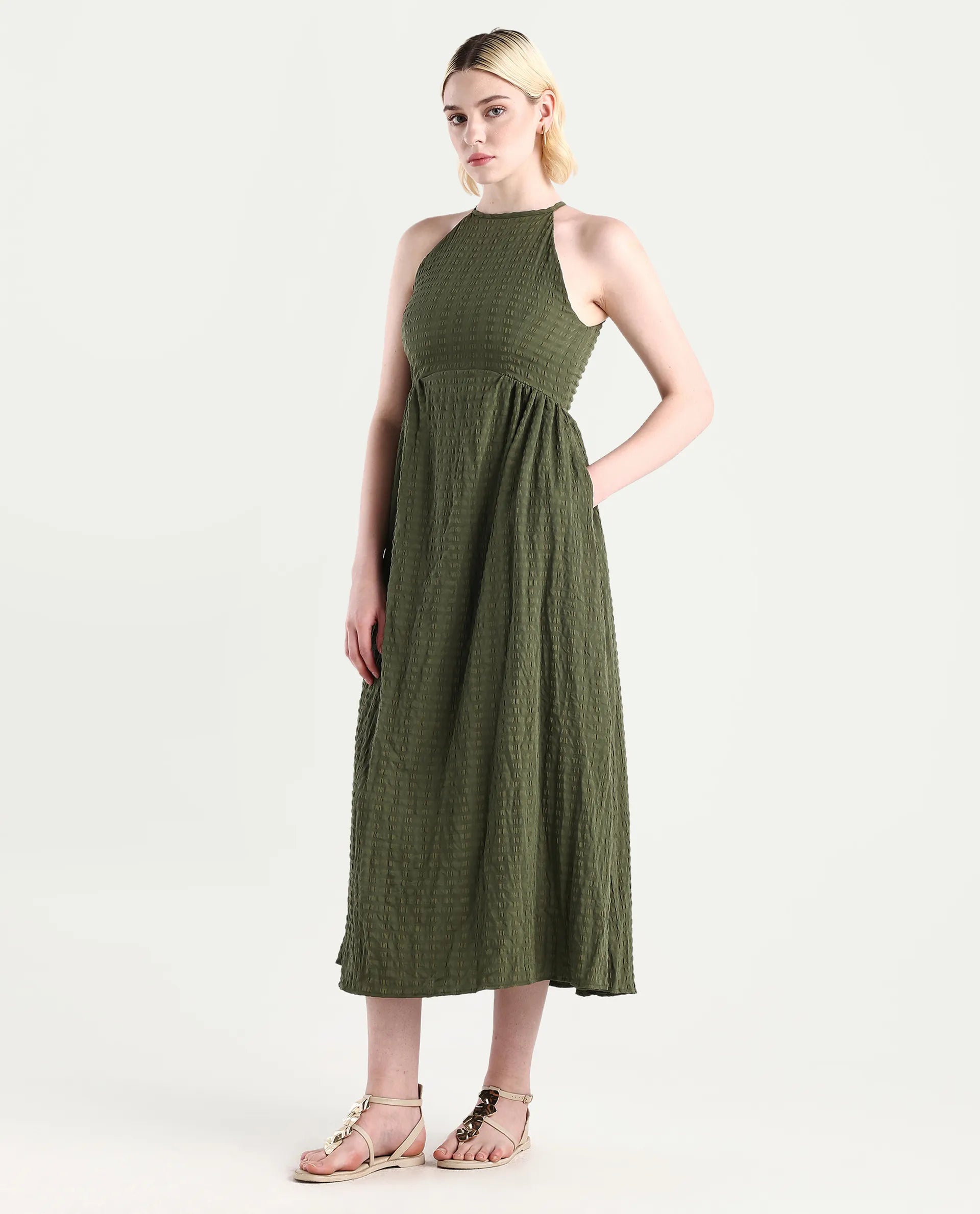Rareism Women's Macnica Olive Polyester Blend Halter Neck Plain Sleeveless Maxi Fit And Flare Dress