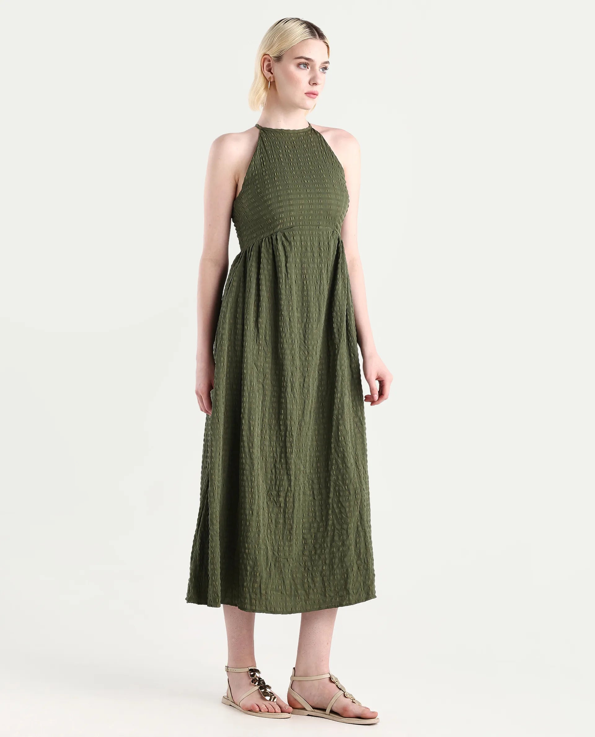 Rareism Women's Macnica Olive Polyester Blend Halter Neck Plain Sleeveless Maxi Fit And Flare Dress